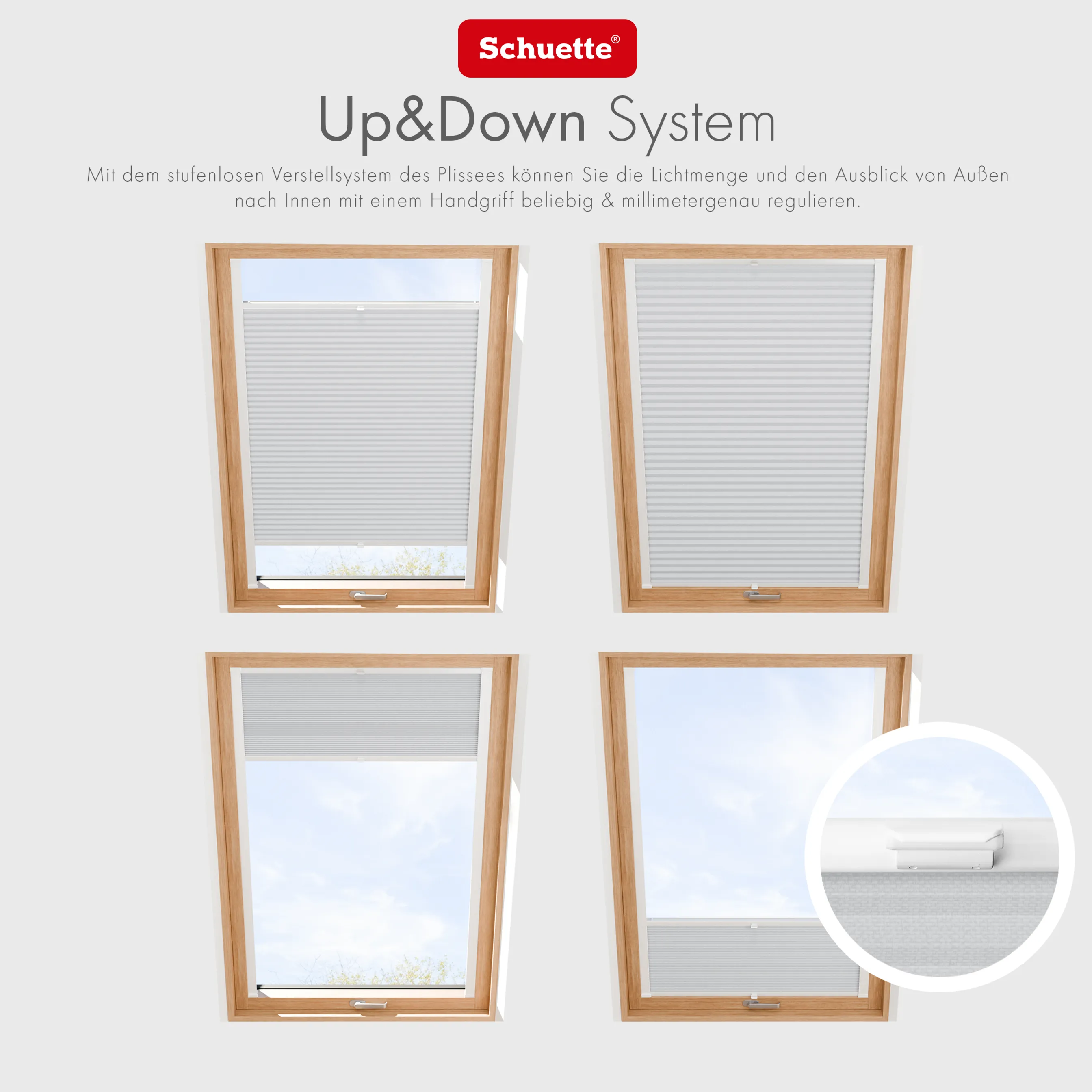 Schuette® Dachfenster Wabenplissee nach Maß • Honey Kollektion: Skyfall (Hellgrau) • Profilfarbe: Walnuss