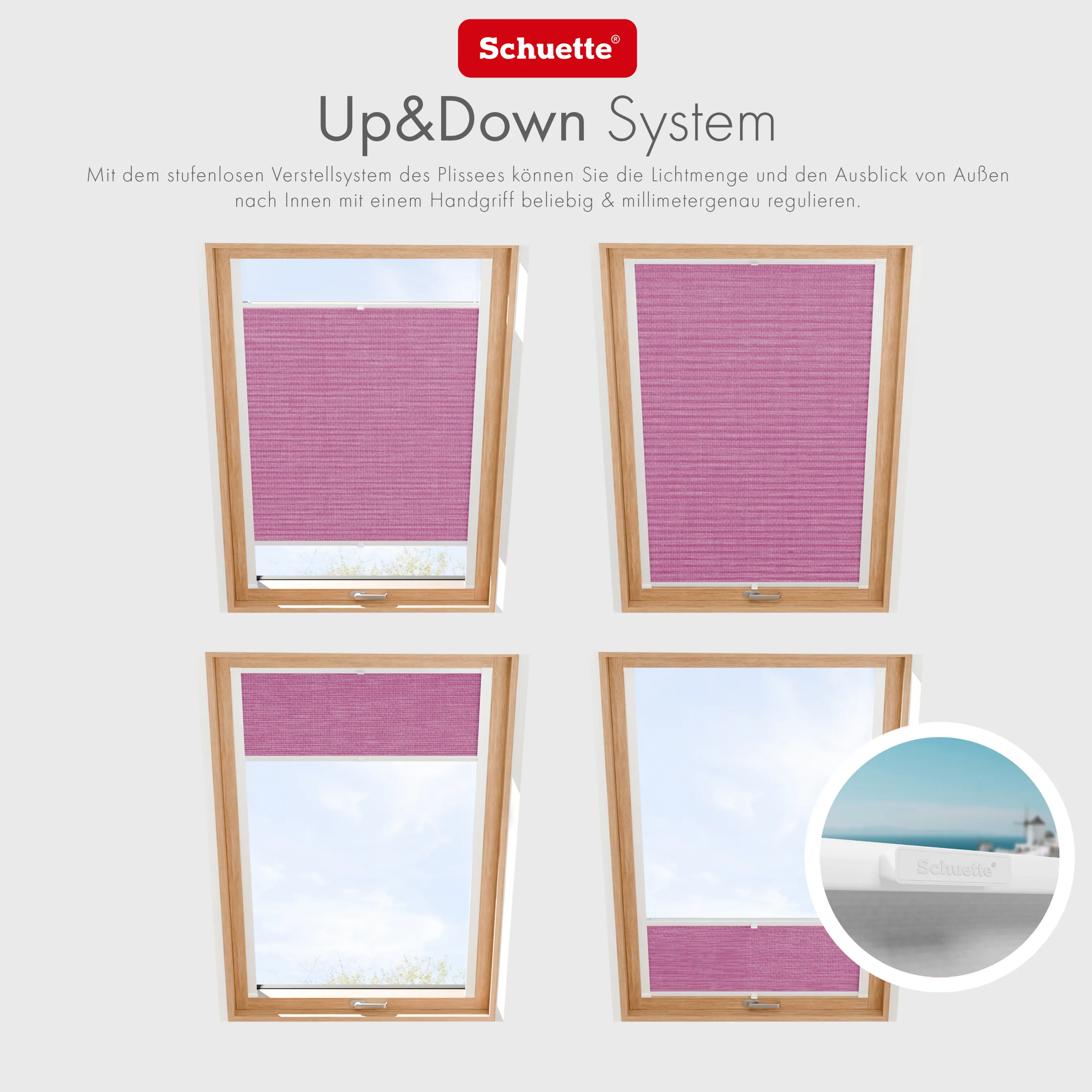 Schuette® Dachfenster Plissee nach Maß • Melange Kollektion: Magic Pink (Rosa) • Profilfarbe: Eiche