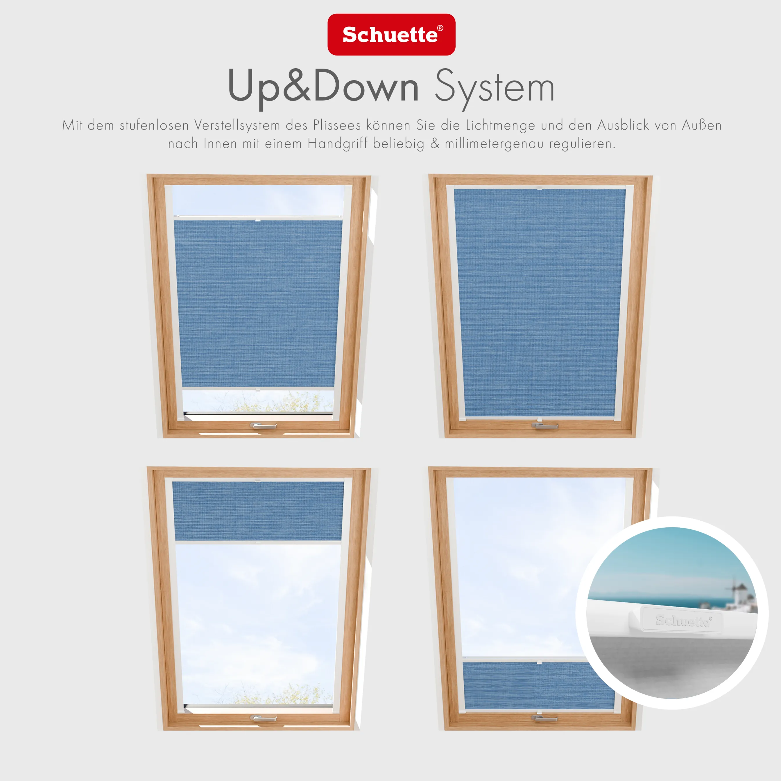 Schuette® Dachfenster Plissee nach Maß • Melange Kollektion: Deep Sea (Blau) • Profilfarbe: Eiche