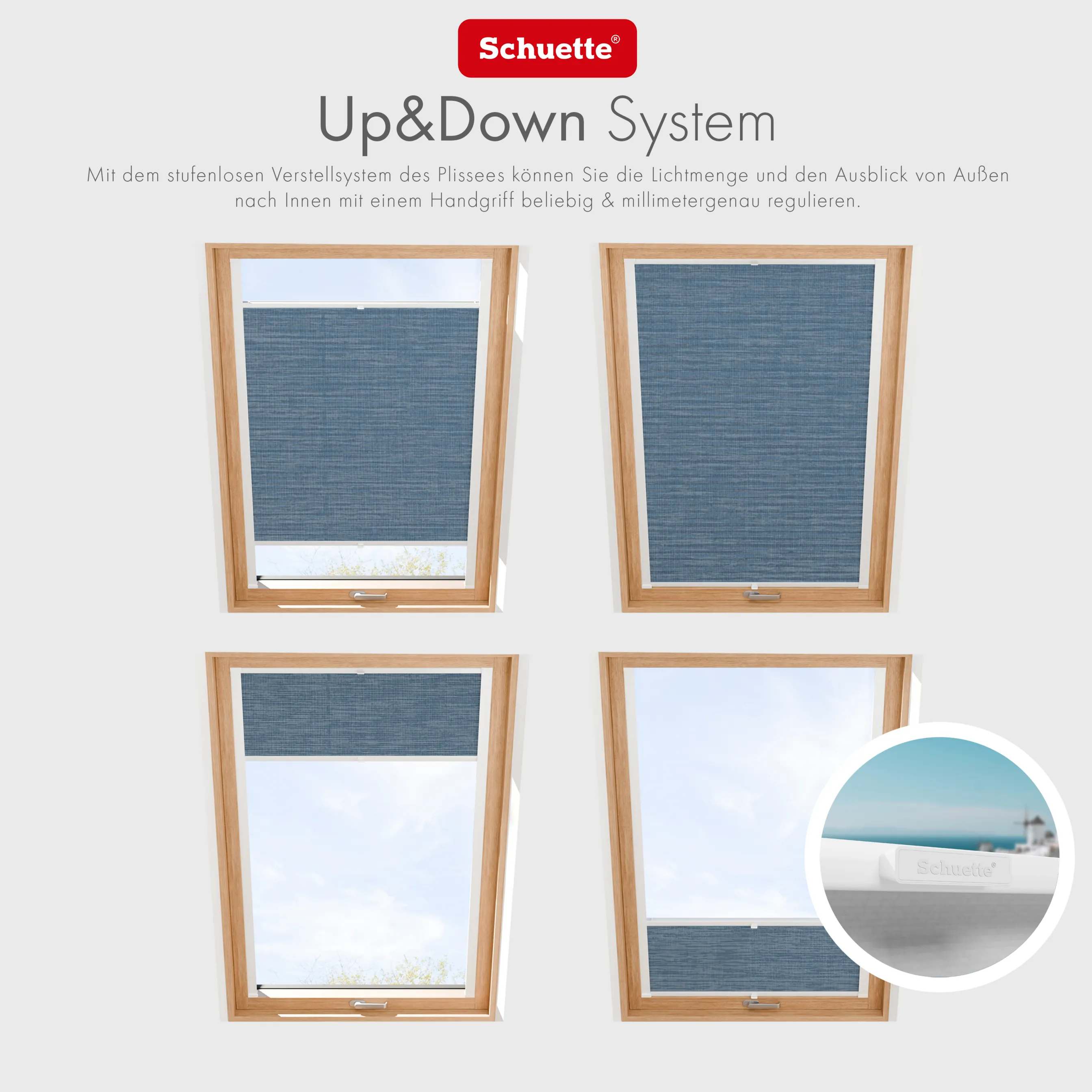 Schuette® Dachfenster Plissee nach Maß • Melange Kollektion: After Rain (Blau) • Profilfarbe: Braun