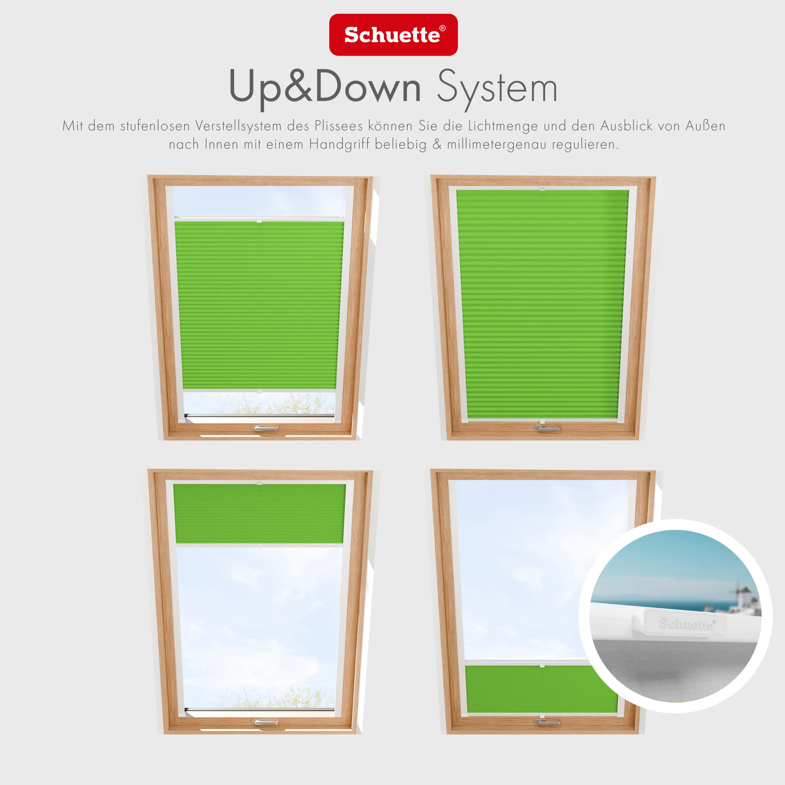 Schuette® Dachfenster Plissee nach Maß • Premium Kollektion: Green Meadow (Grün) • Profilfarbe: Eiche
