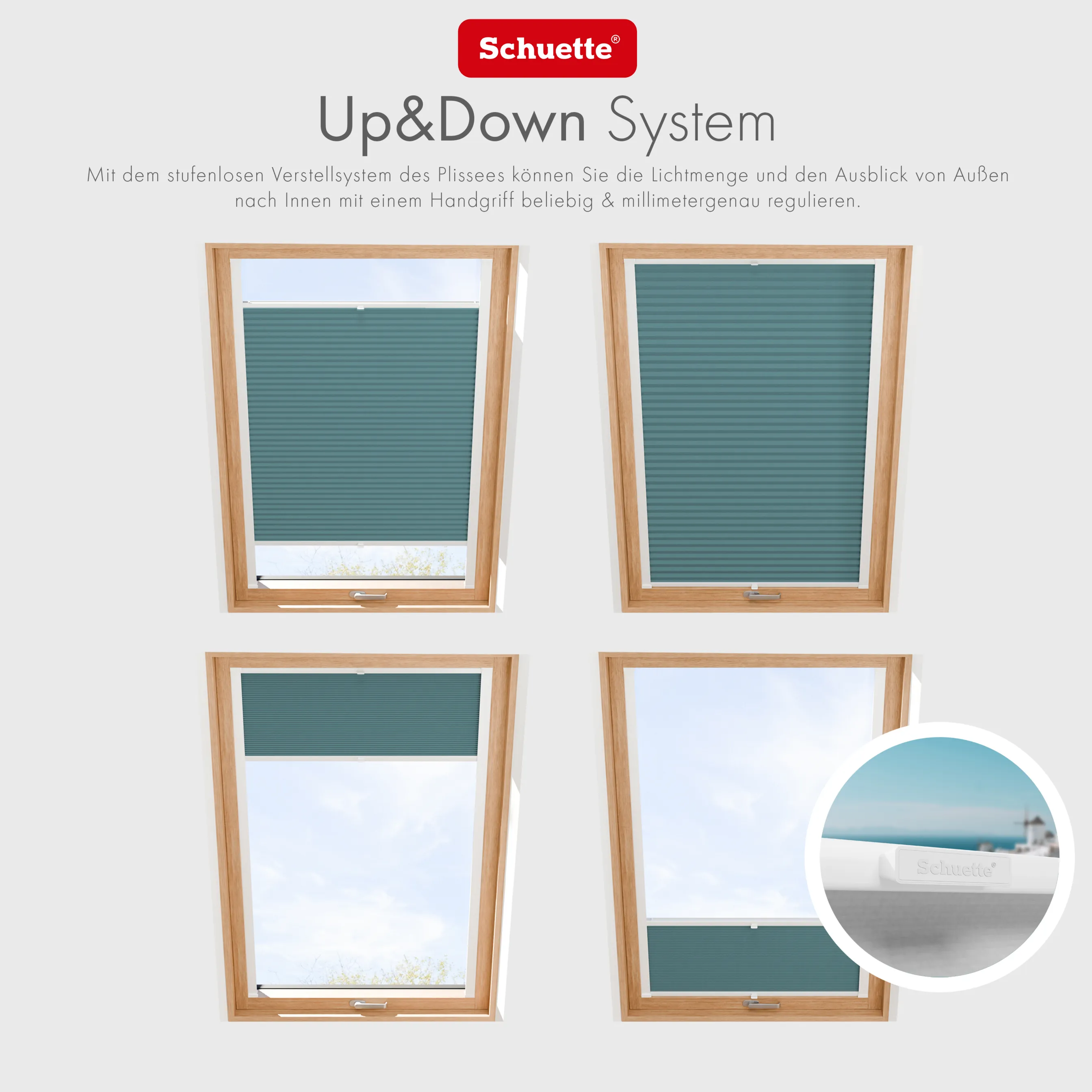 Schuette® Dachfenster Plissee nach Maß • Premium Kollektion: Cove Calm (Taubenblau) • Profilfarbe: Walnuss