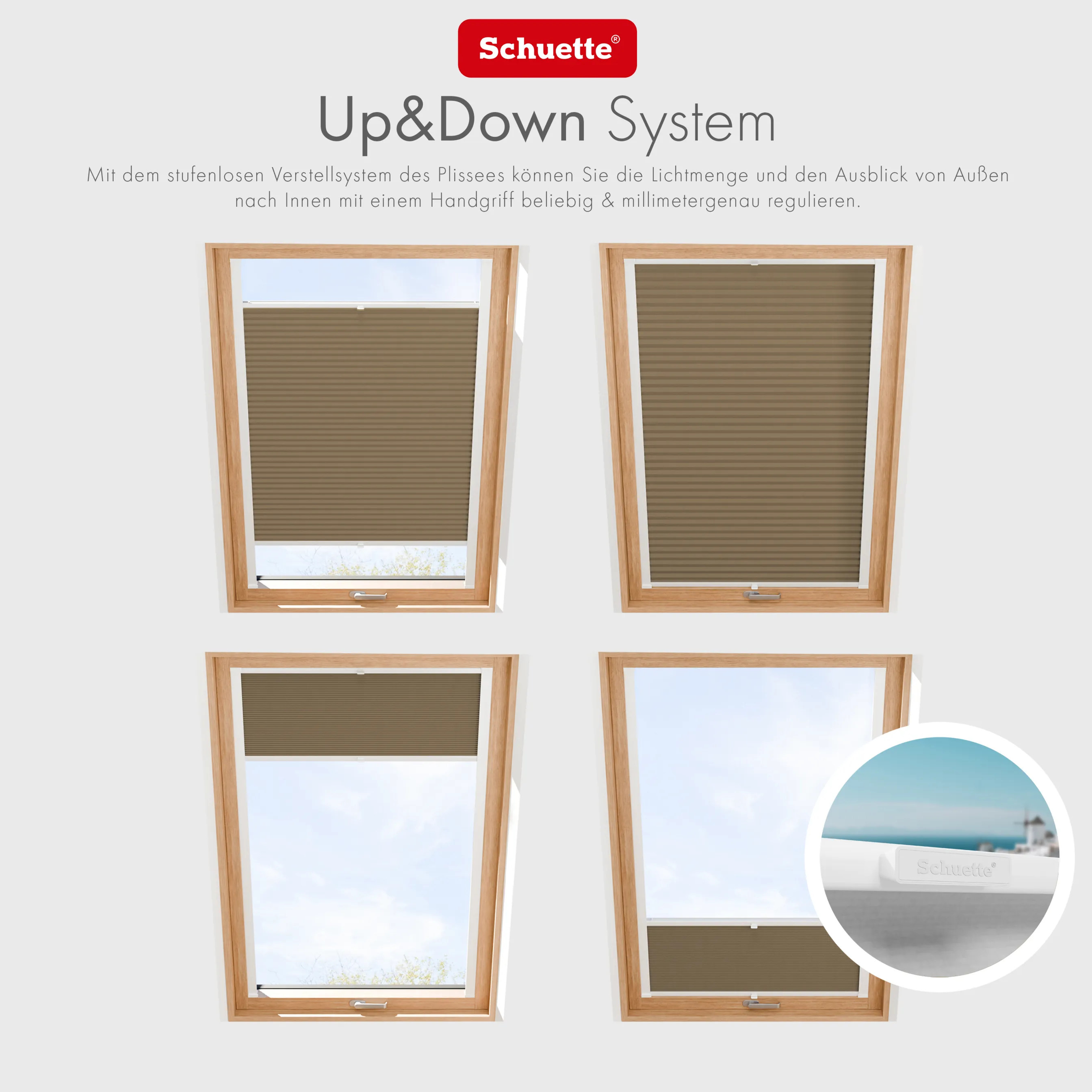 Schuette® Dachfenster Plissee nach Maß • Thermo Kollektion: Mocha Dream (Hellbraun) • Profilfarbe: Walnuss