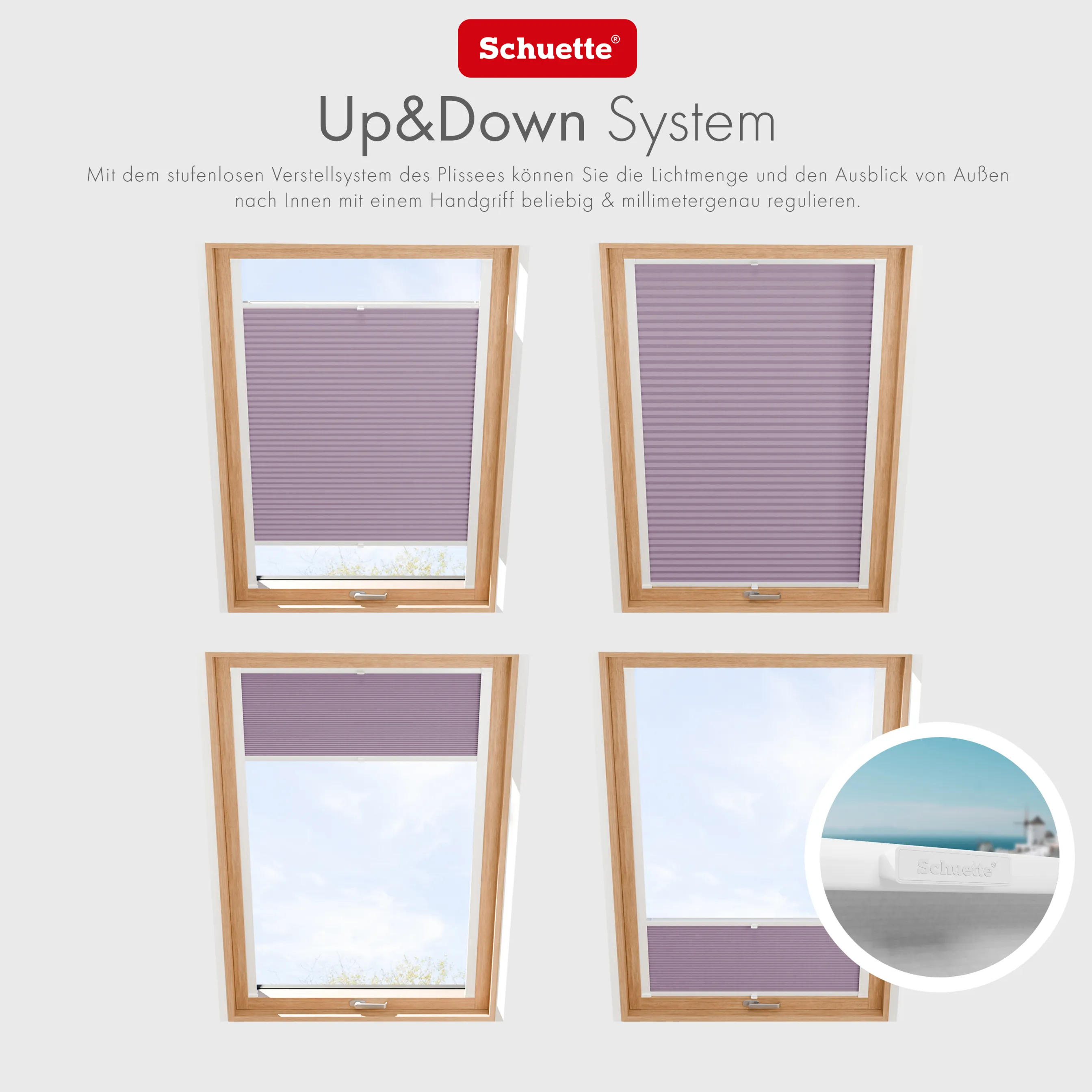 Schuette® Dachfenster Plissee nach Maß • Thermo Kollektion: Pastel Grape (lila) • Profilfarbe: Eiche