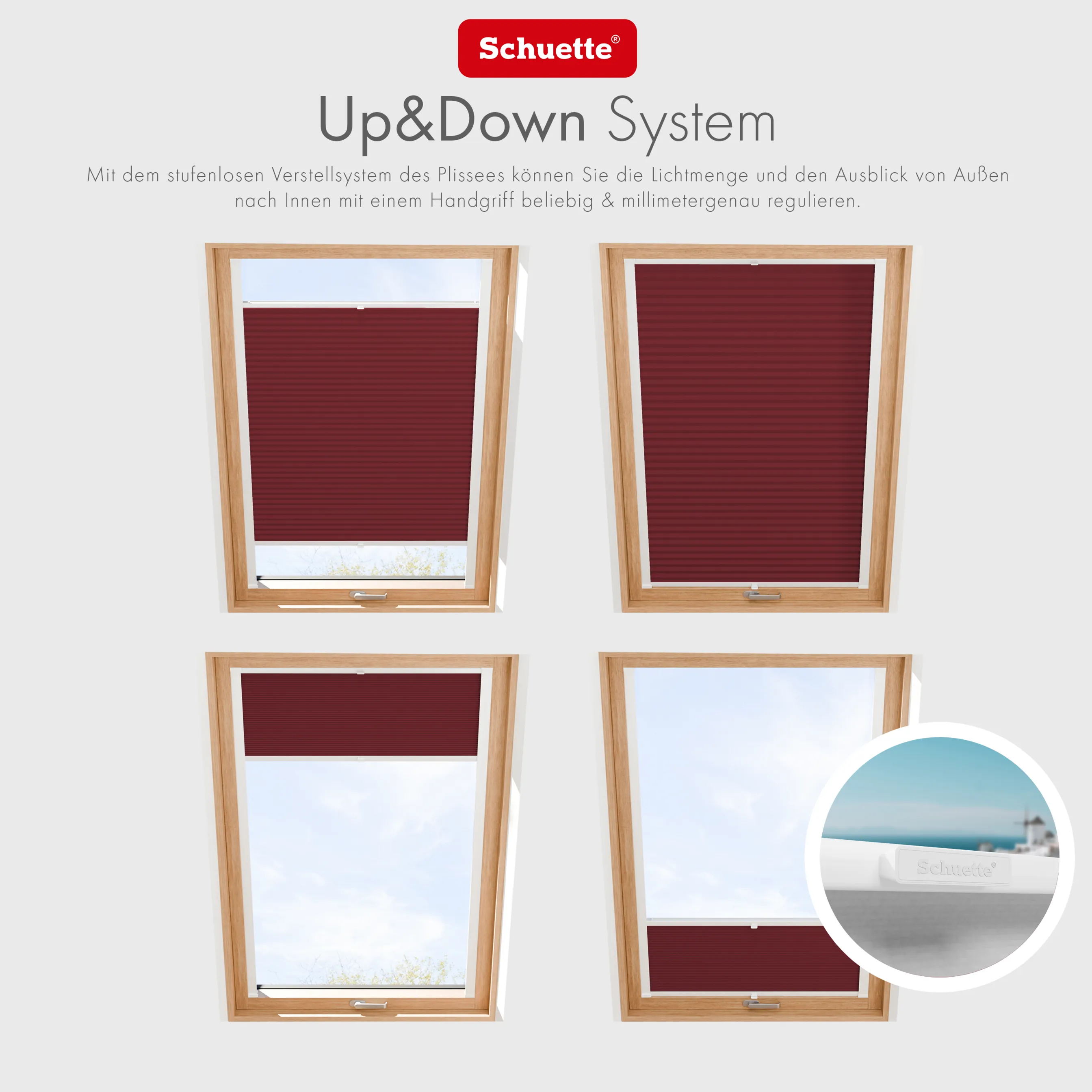 Schuette® Dachfenster Plissee nach Maß • Thermo Kollektion: Scarlet Wine (Rot) • Profilfarbe: Eiche