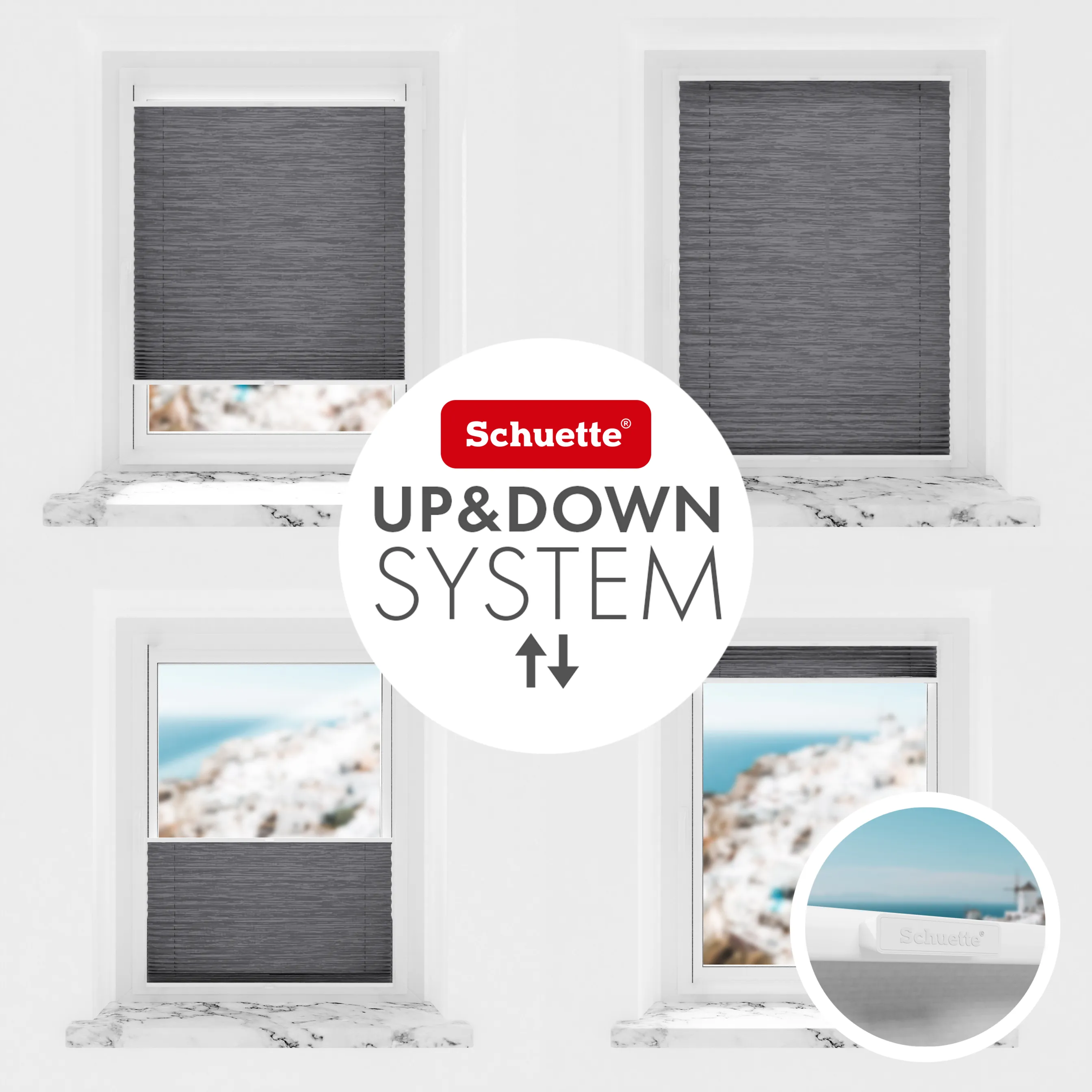 Schuette® Plissee ohne Bohren nach Maß • Suprafix Halterung “Zum Kleben” • Dolomite Kollektion: Dark Vintage (Grau) • Profilfarbe: Weiß