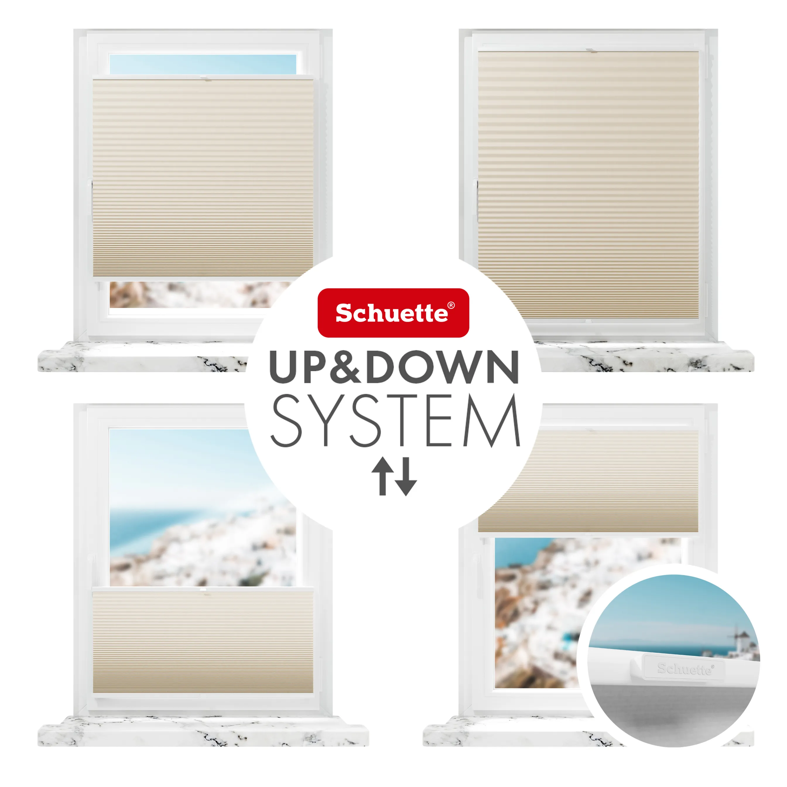 Schuette® Wabenplissee ohne Bohren nach Maß • Klebehalter & Schraubhalter 2in1 Set "Letsbond" • Honey Kollektion: The Dune (Beige) • Profilfarbe: Eiche