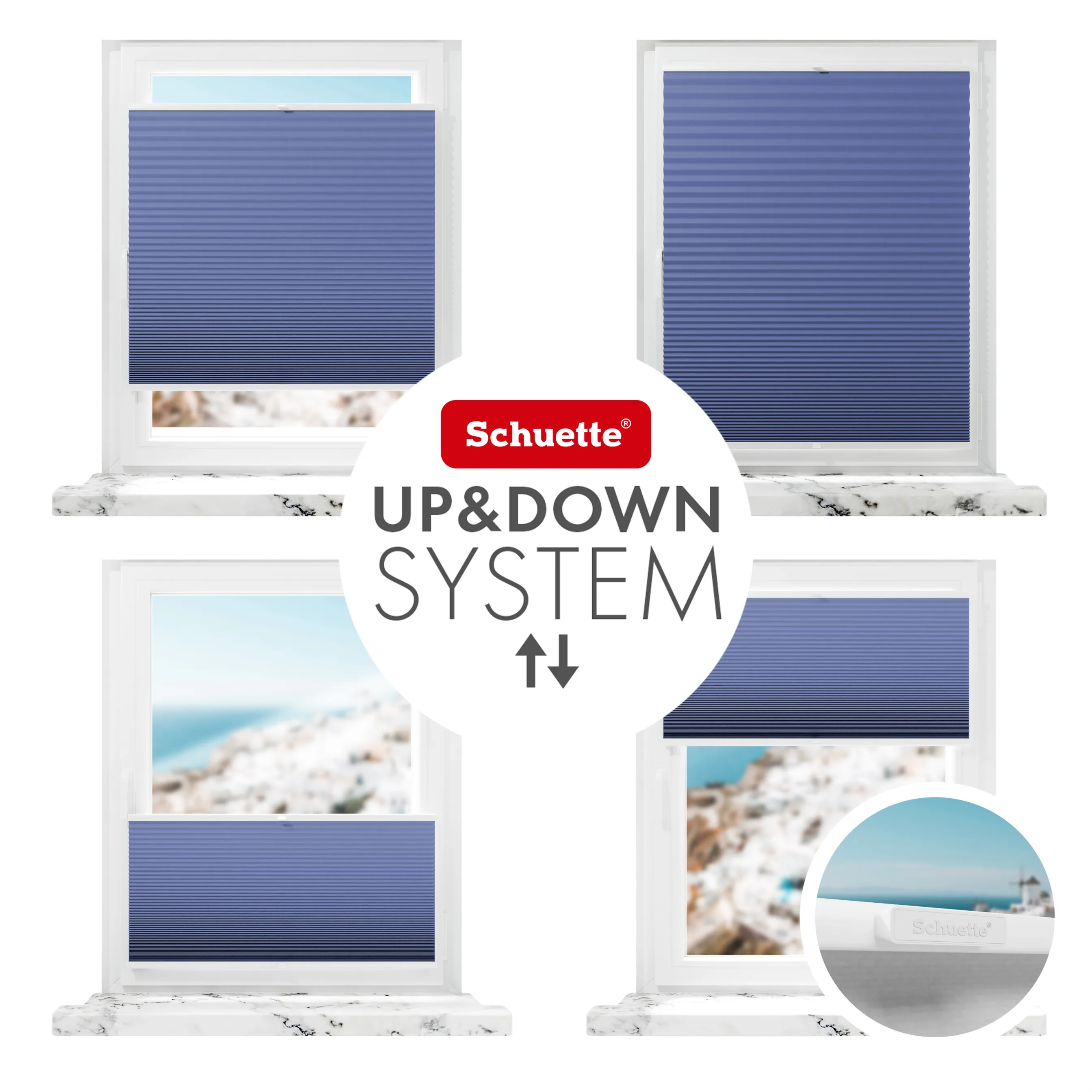 Schuette® Wabenplissee ohne Bohren nach Maß • Klebehalter & Schraubhalter 2in1 Set "Letsbond" Transparent • Honey Kollektion: Skyline (Blau) • Profilfarbe: Braun