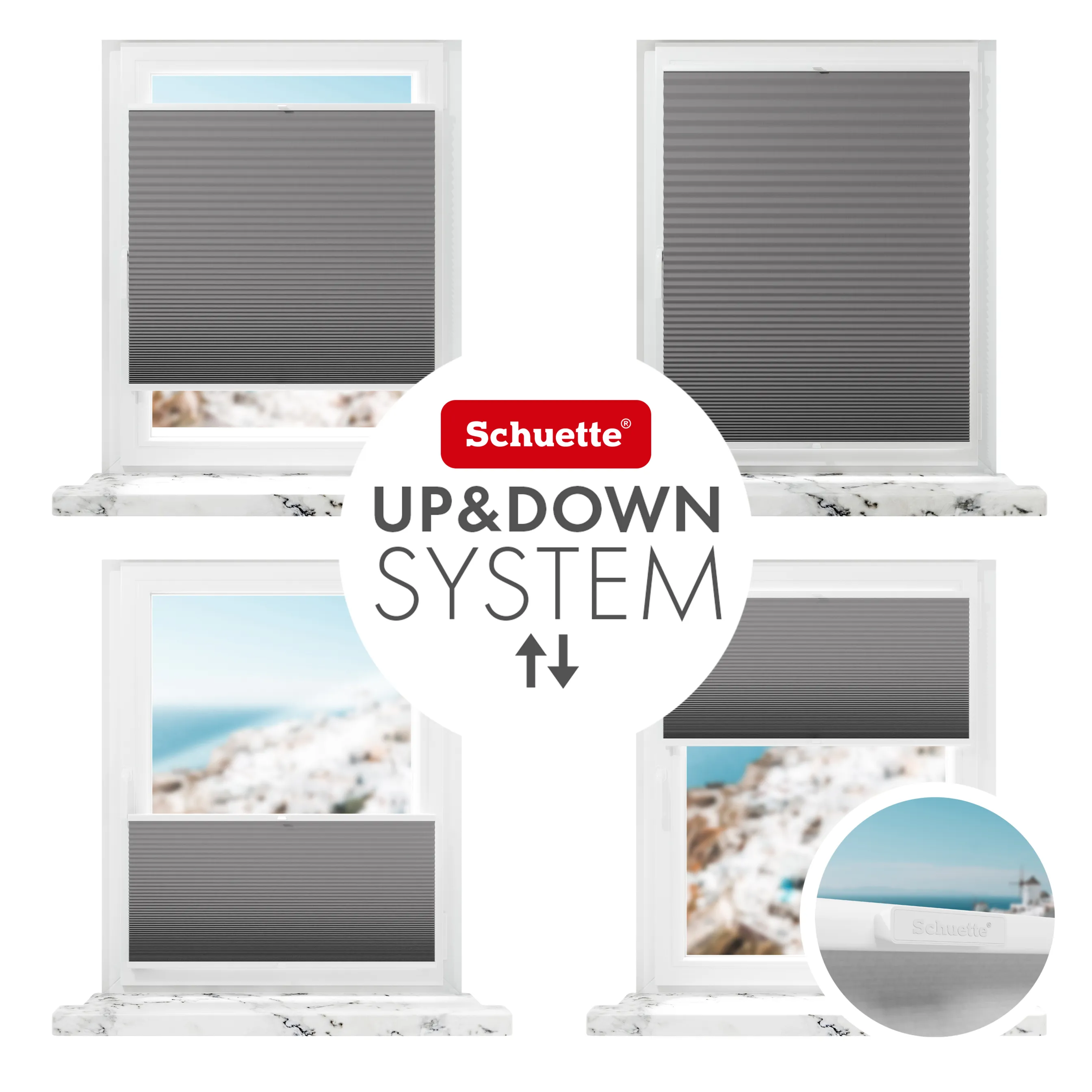 Schuette® Wabenplissee ohne Bohren nach Maß • Klebehalter & Schraubhalter 2in1 Set "Letsbond" • Honey Kollektion: Twilight Tango (Grau) • Profilfarbe: Eiche