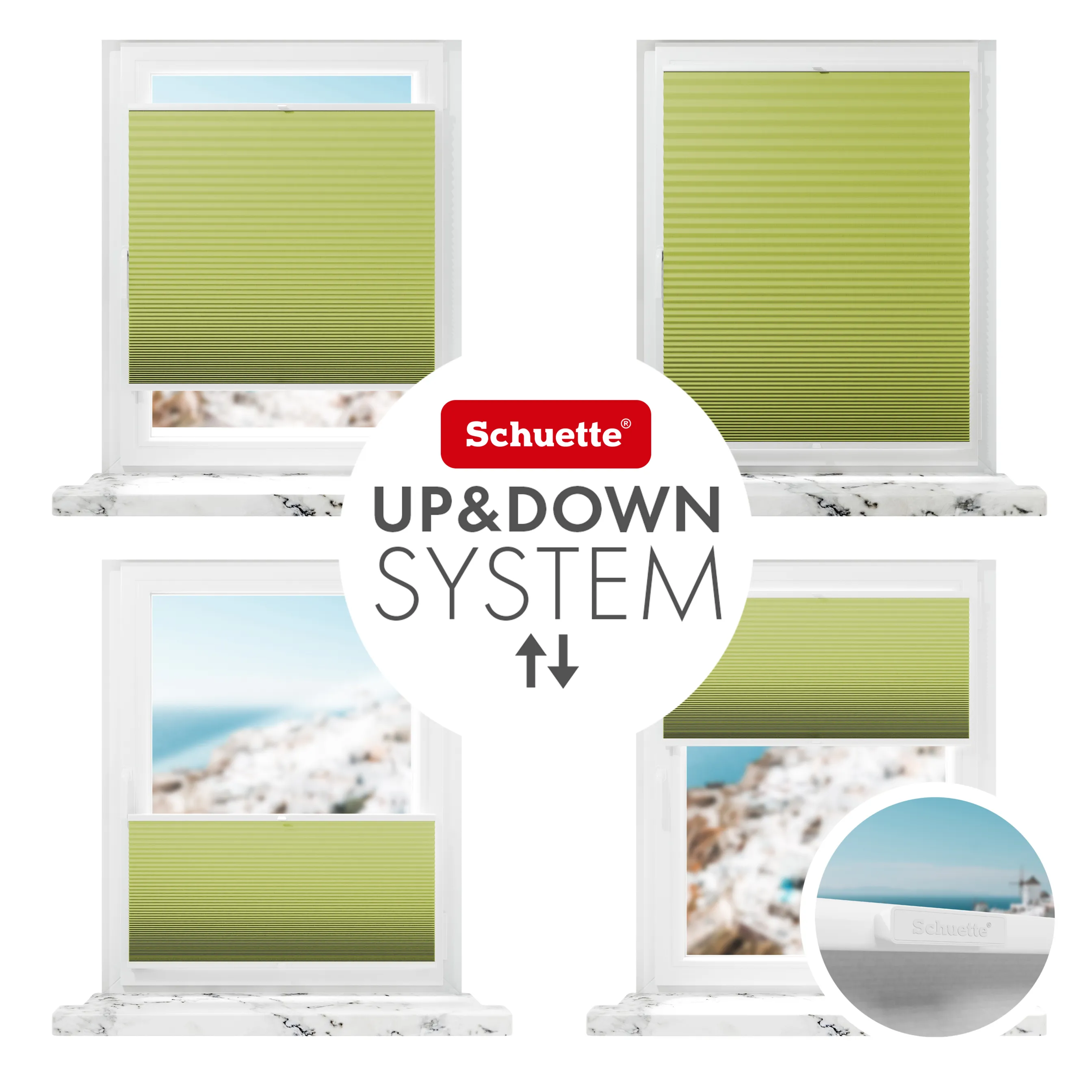 Schuette® Wabenplissee ohne Bohren nach Maß • Klebehalter & Schraubhalter 2in1 Set "Letsbond" Transparent • Honey Kollektion: Green Tea (Grün) • Profilfarbe: Anthrazit