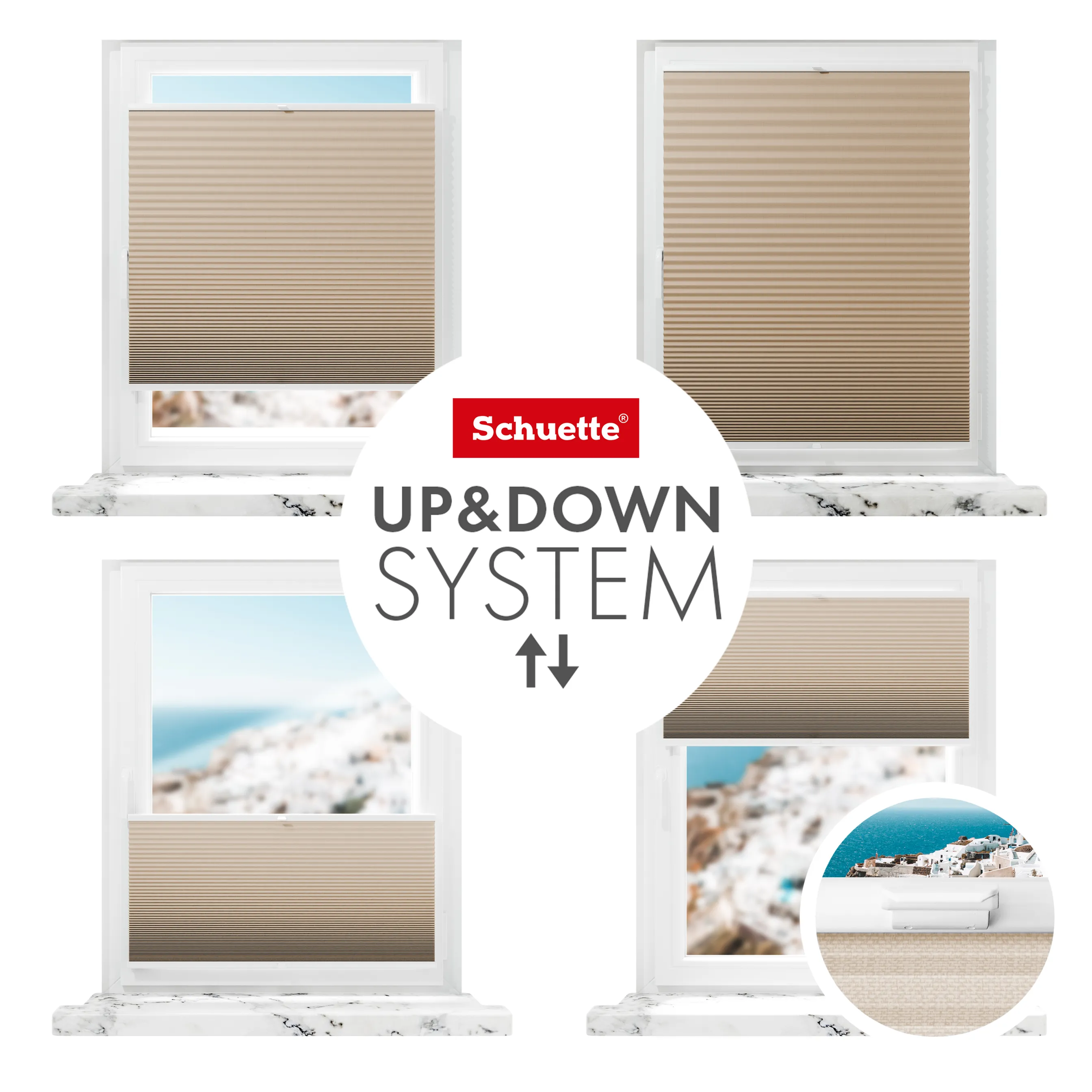 Schuette® Wabenplissee ohne Bohren nach Maß • Klebehalter & Schraubhalter 2in1 Set "Letsbond" Transparent • Honey Kollektion: Honeywood (Sand) • Profilfarbe: Anthrazit