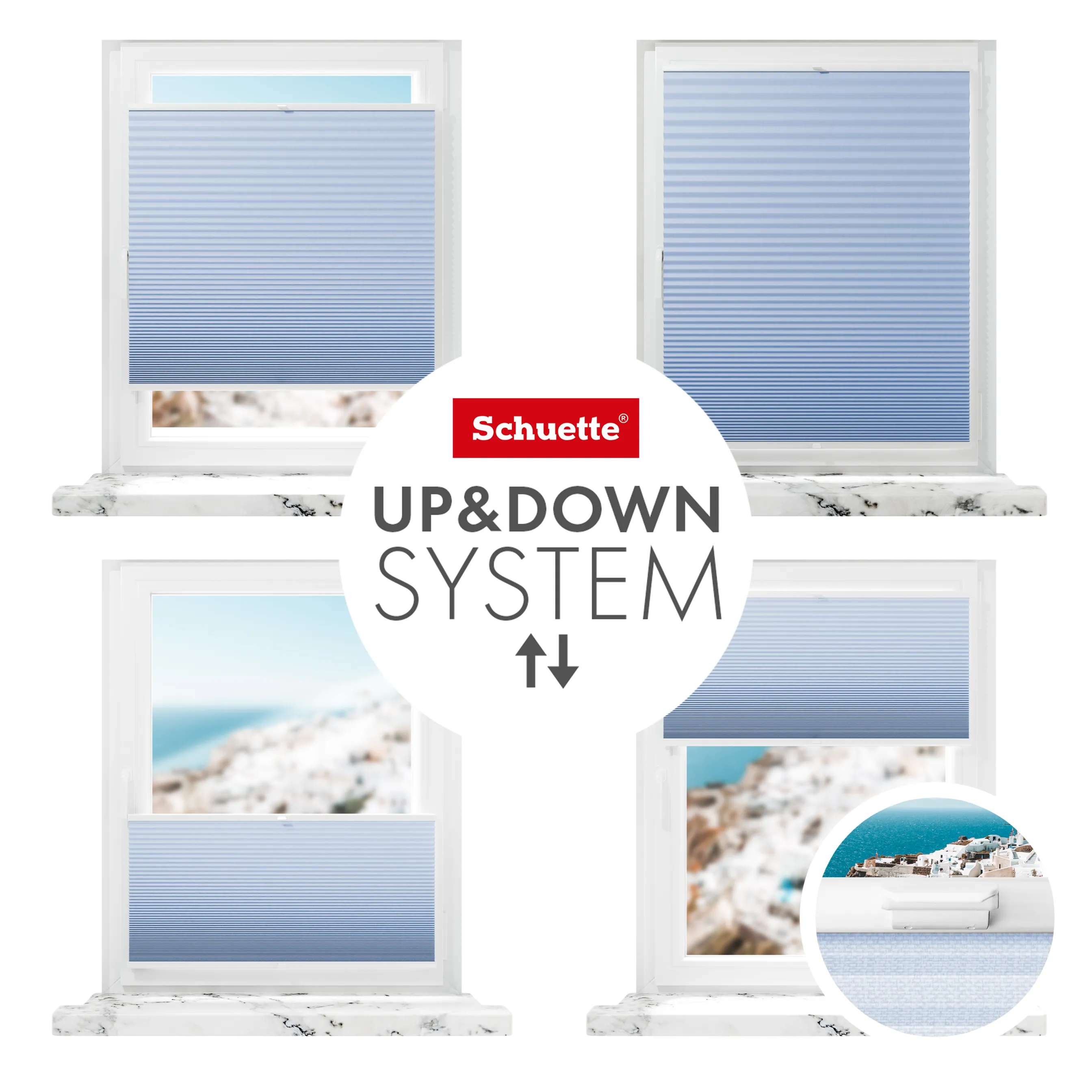 Schuette® Wabenplissee ohne Bohren nach Maß • Klebehalter & Schraubhalter 2in1 Set "Letsbond" Transparent • Honey Kollektion: Ocean Drive (Hellblau) • Profilfarbe: Braun