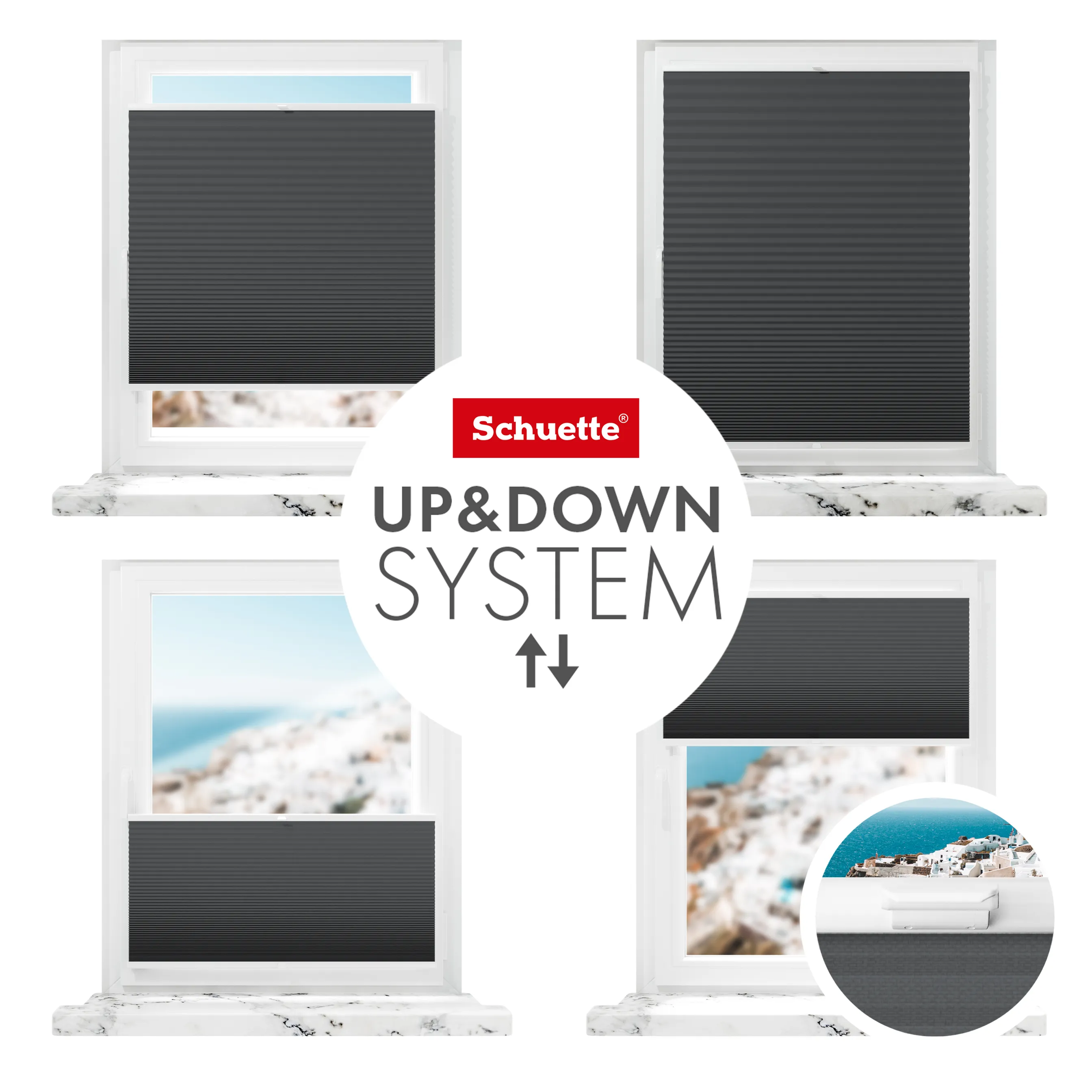 Schuette® Wabenplissee ohne Bohren nach Maß • Klebehalter & Schraubhalter 2in1 Set "Letsbond" • Honey Kollektion: Night Rider (Anthrazit) • Profilfarbe: Eiche