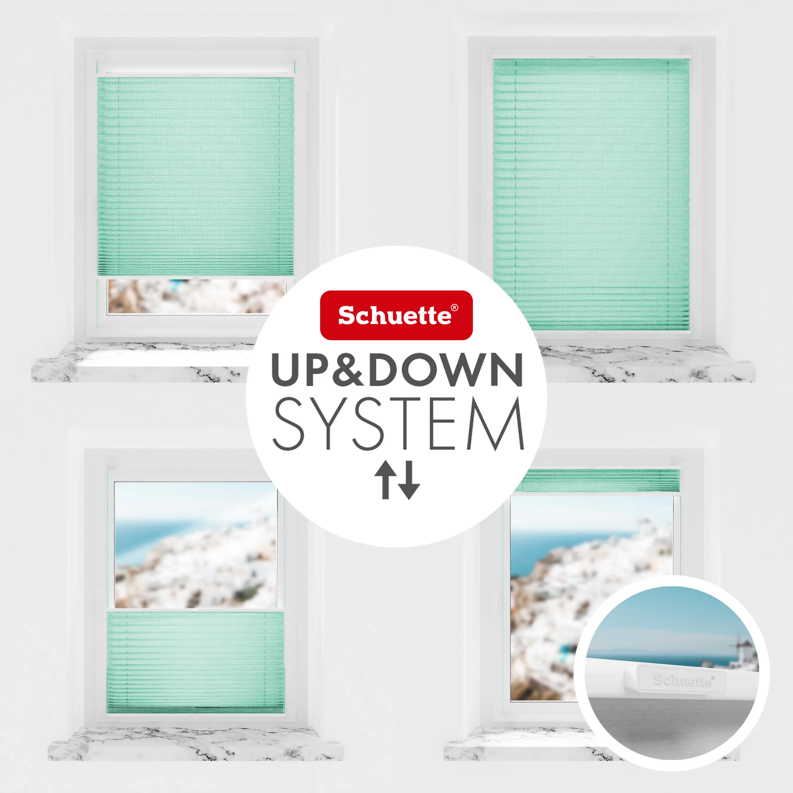 Schuette® Plissee mit Bohren nach Maß • Suprafix "Double 2in1" Schraub- & Klemmhalter • Melange Kollektion: Mint Ice Cream (Grün) • Profilfarbe: Silber