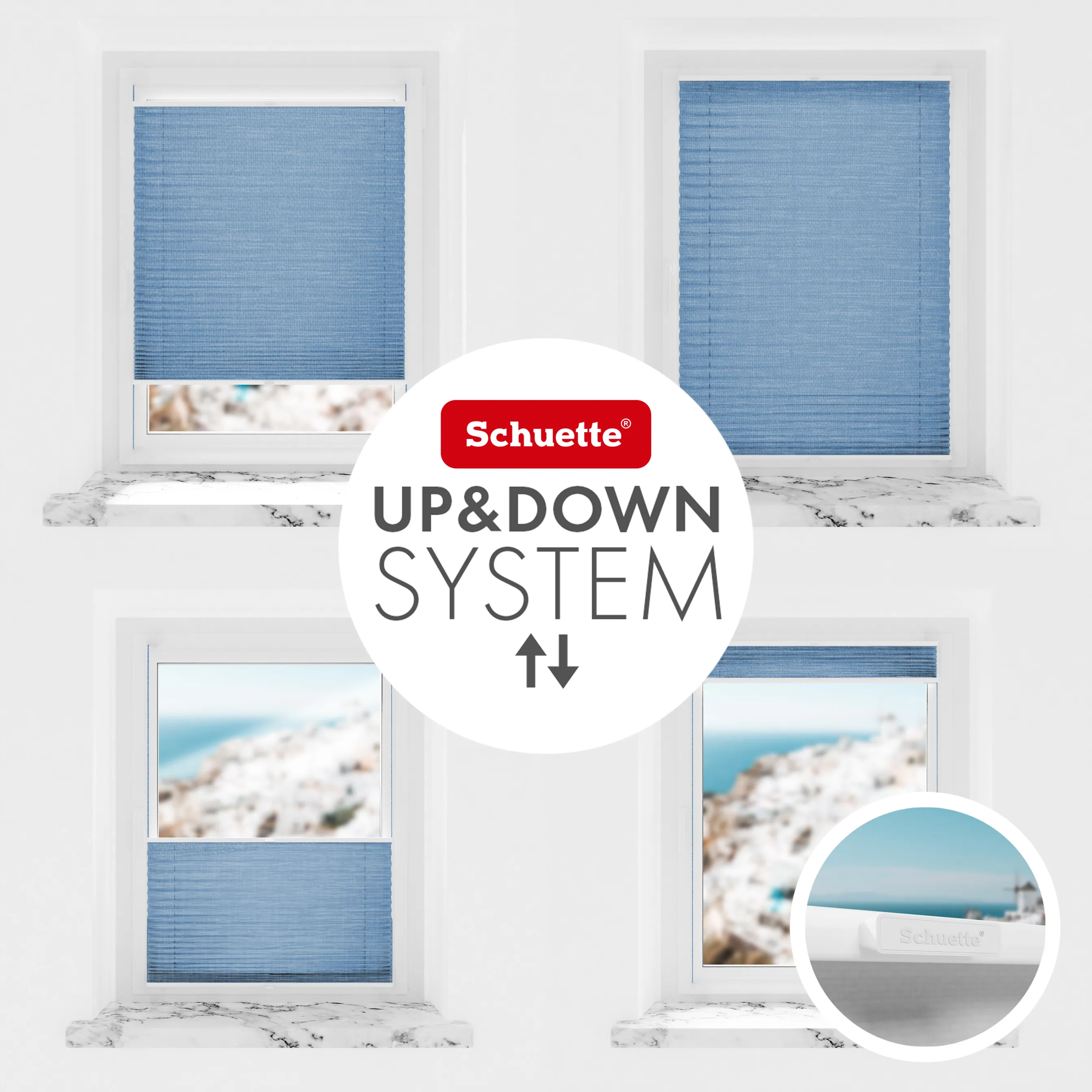 Schuette® Plissee mit Bohren nach Maß • Suprafix Halterungen “Mit Bohren” • Melange Kollektion: Deep Sea (Blau) • Profilfarbe: Eiche