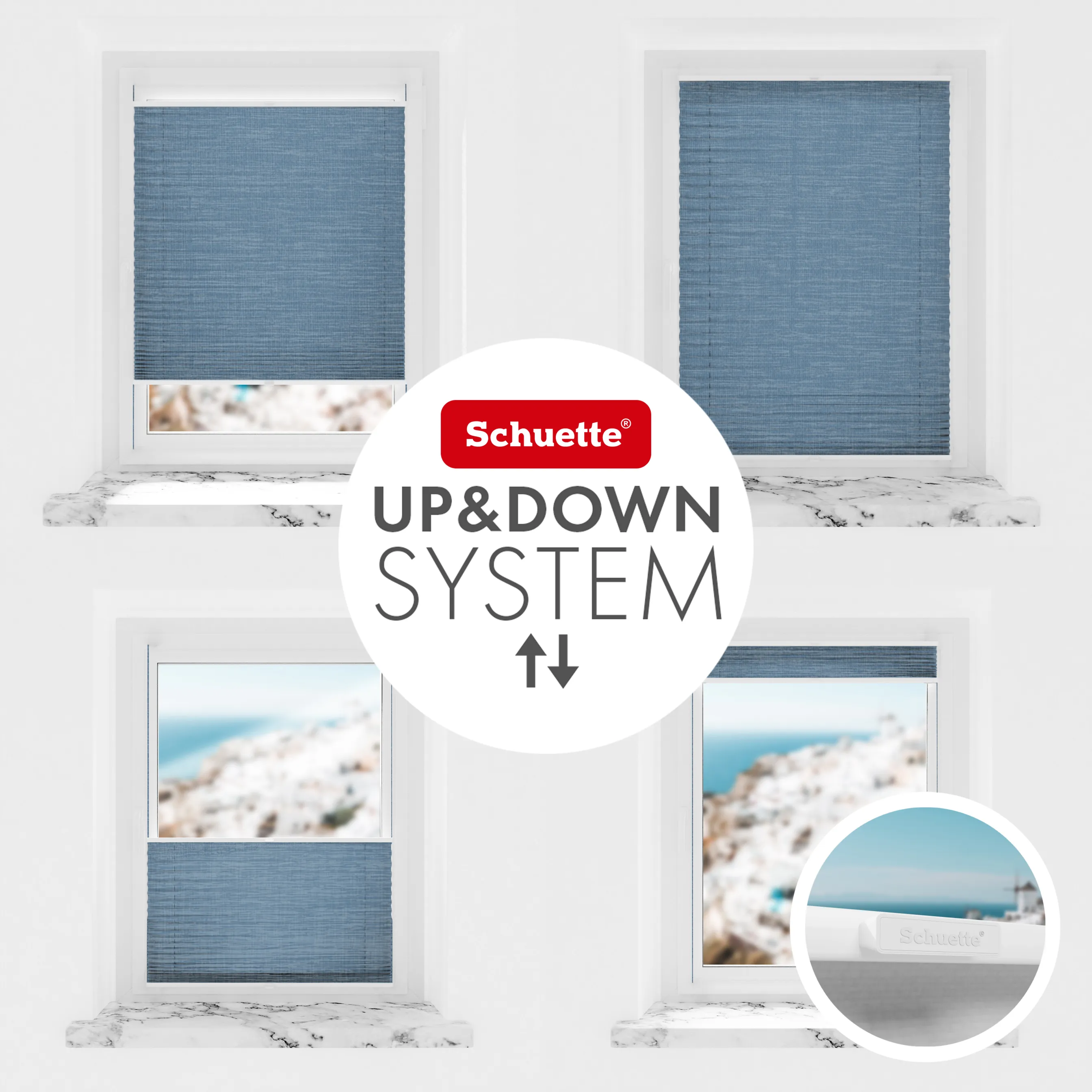 Schuette® Plissee ohne Bohren nach Maß • Suprafix Klemmhalter "X" • Melange Kollektion: After Rain (Blau) • Profilfarbe: Walnuss