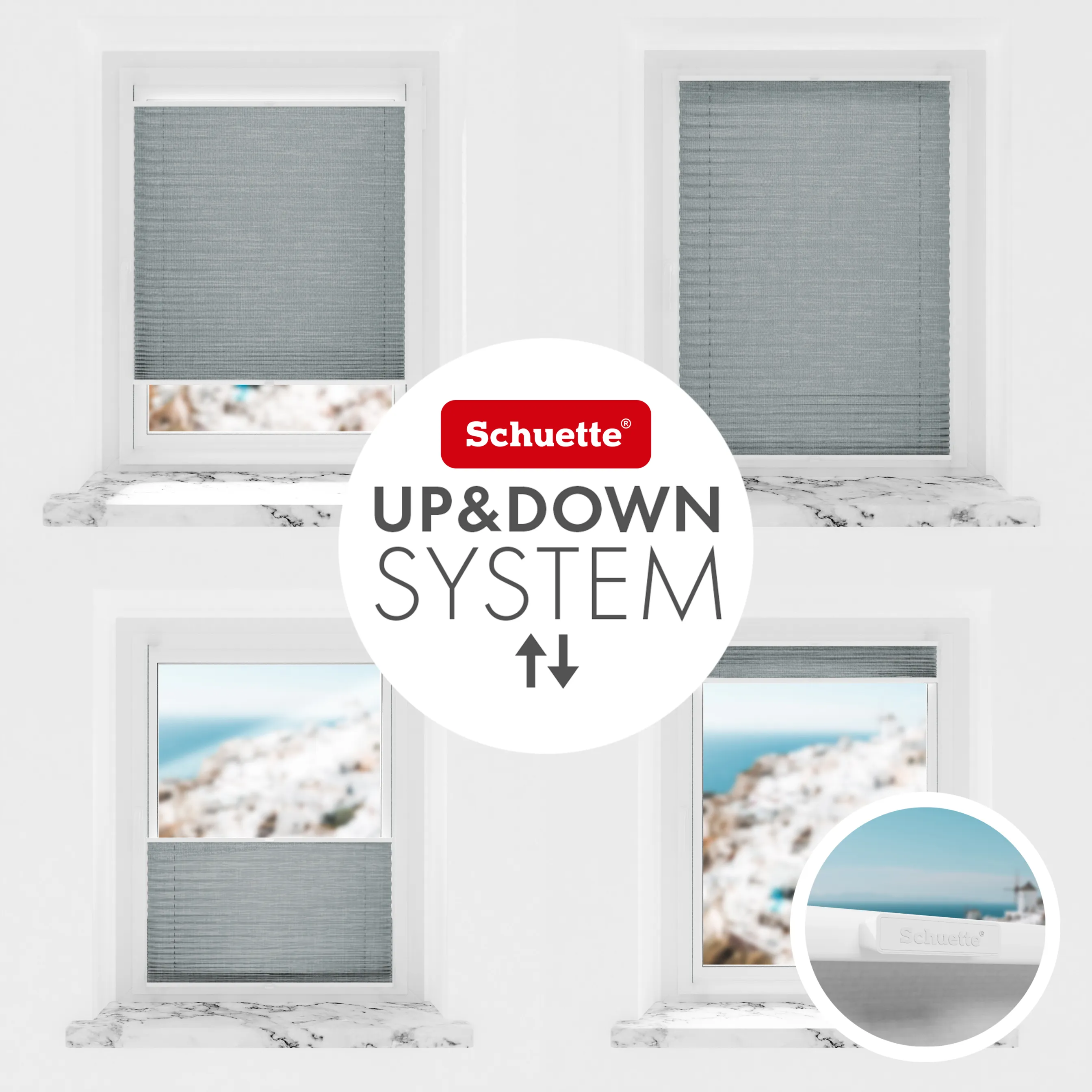Schuette® Plissee ohne Bohren nach Maß • Suprafix Halterung “Zum Kleben” • Melange Kollektion: Rocky Mountain (Grau) • Profilfarbe: Braun