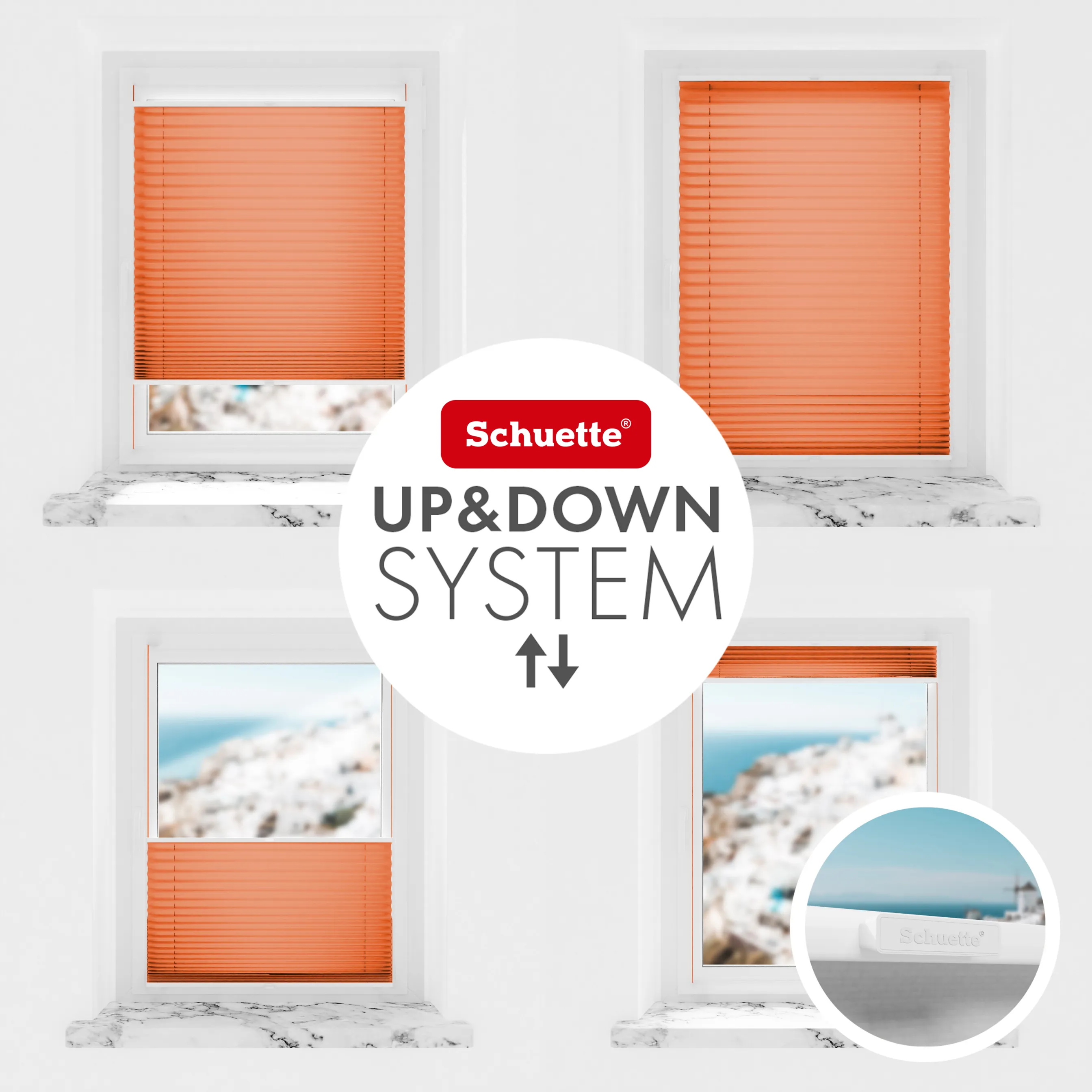 Schuette® Plissee mit Bohren nach Maß • Suprafix "Double 2in1" Schraub- & Klemmhalter • Premium Kollektion: Sunset (Orange) • Profilfarbe: Braun