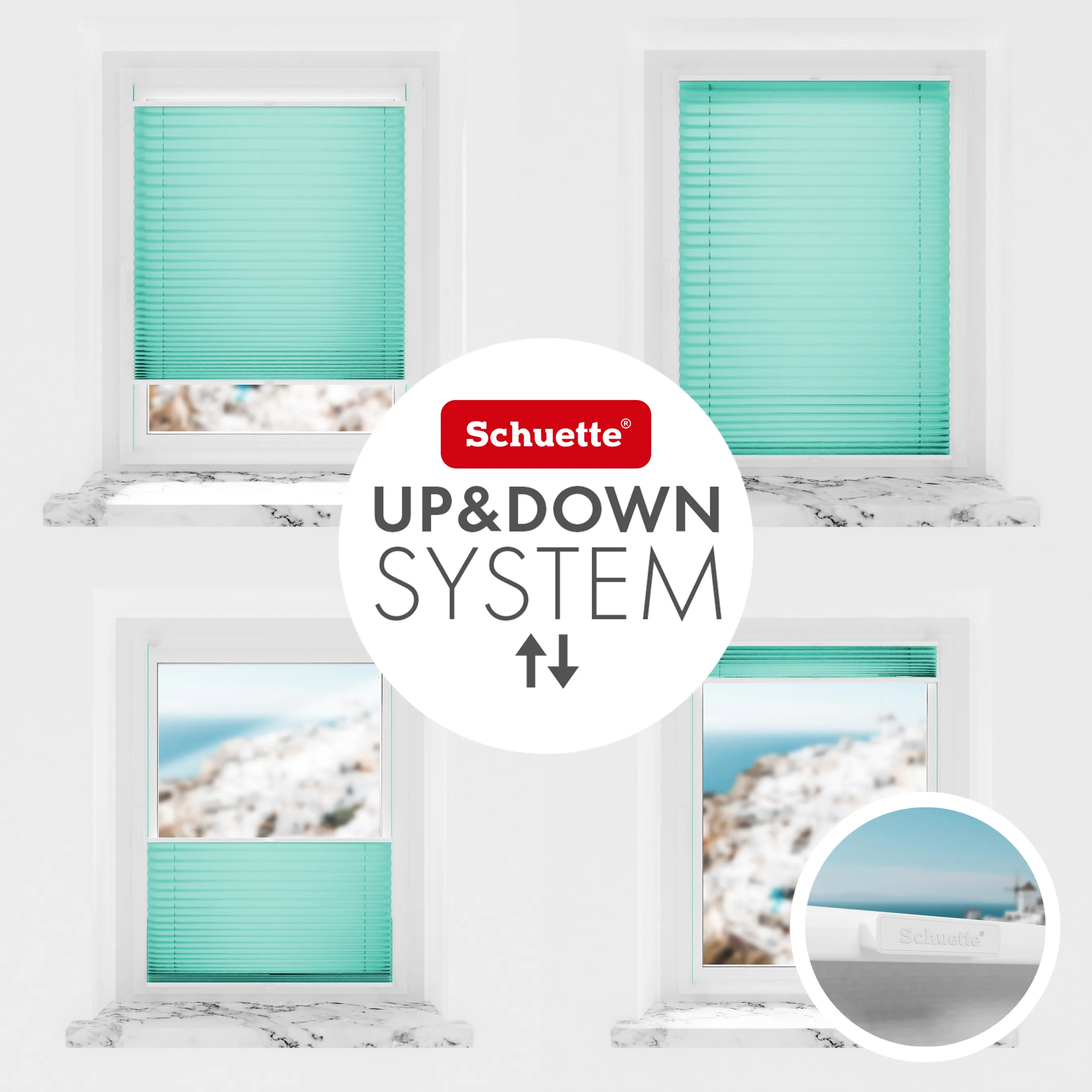 Schuette® Plissee mit Bohren nach Maß • Suprafix "Double 2in1" Schraub- & Klemmhalter • Thermo Kollektion: Tide Tune (Türkis) • Profilfarbe: Braun