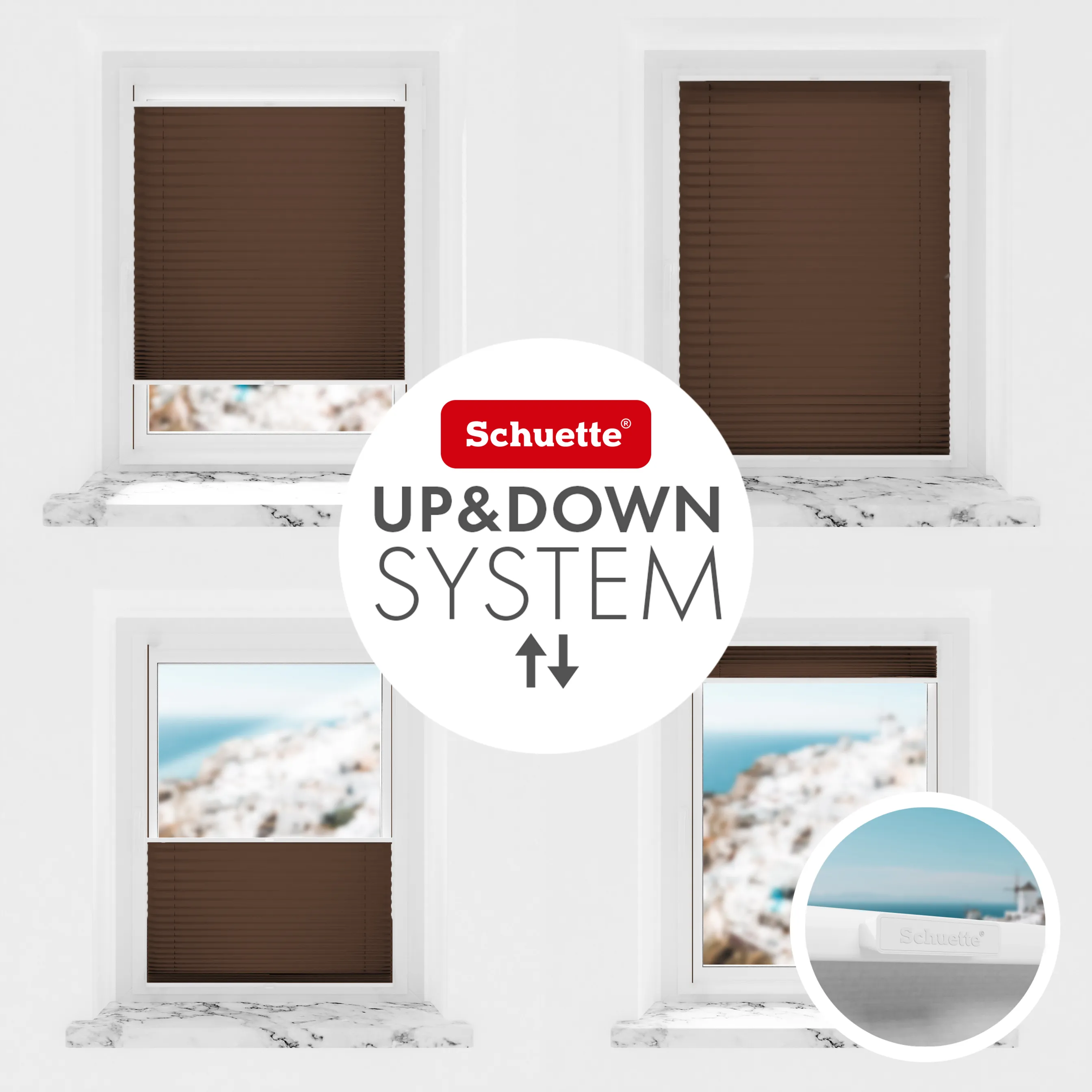 Schuette® Plissee ohne Bohren nach Maß • Suprafix Klemmhalter “Incognito X" • Thermo Kollektion: Toffee (Dunkelbraun) • Profilfarbe: Weiß
