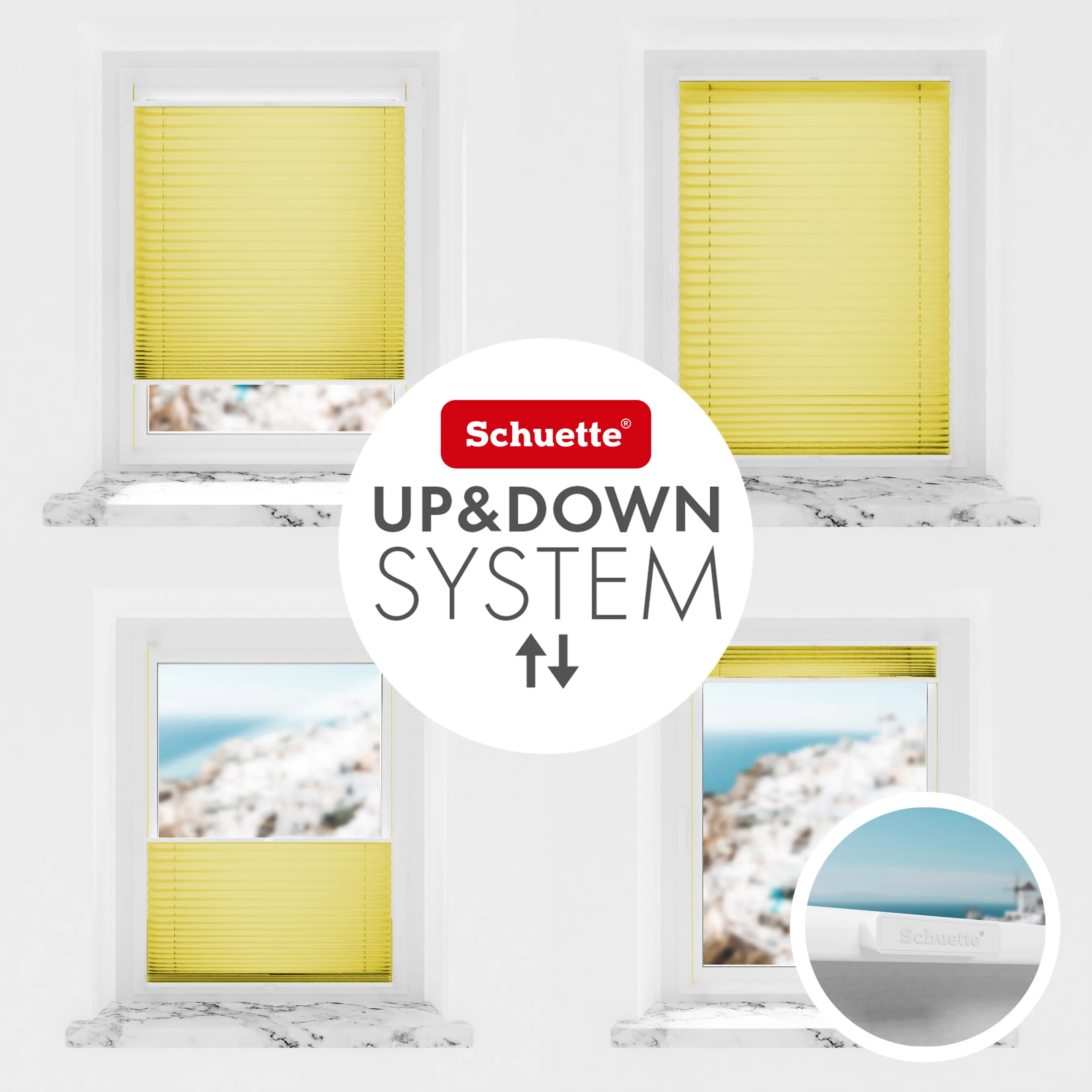 Schuette® Plissee ohne Bohren nach Maß • Suprafix Klemmhalter “Incognito X" • Thermo Kollektion: Sunflower (Gelb) • Profilfarbe: Braun
