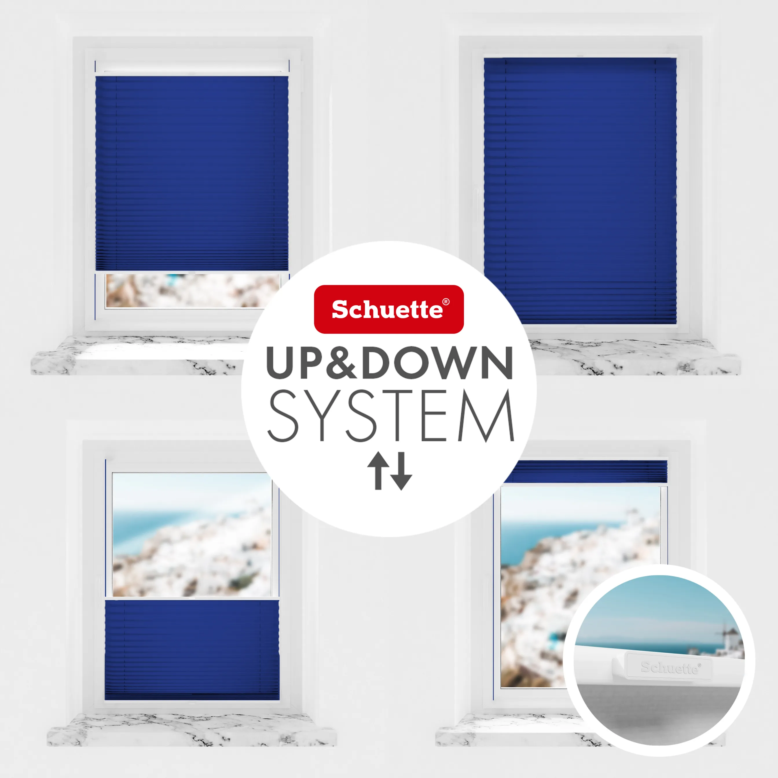 Schuette® Plissee ohne Bohren nach Maß • Suprafix Halterung “Zum Kleben” • Thermo Kollektion: Wave Waltz (Blau) • Profilfarbe: Eiche