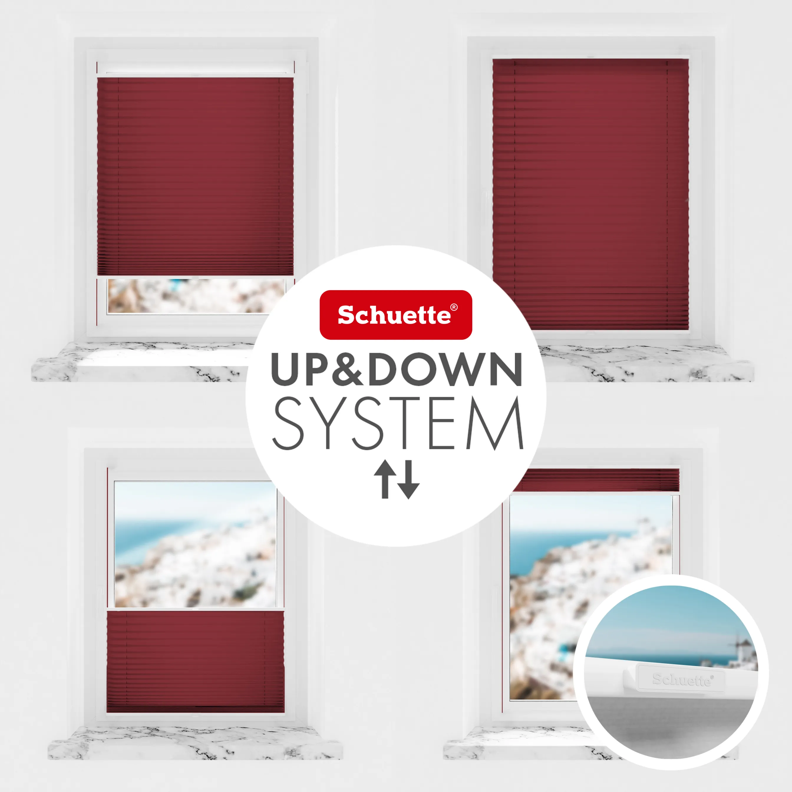 Schuette® Plissee mit Bohren nach Maß • Suprafix "Double 2in1" Schraub- & Klemmhalter • Thermo Kollektion: Scarlet Wine (Rot) • Profilfarbe: Eiche