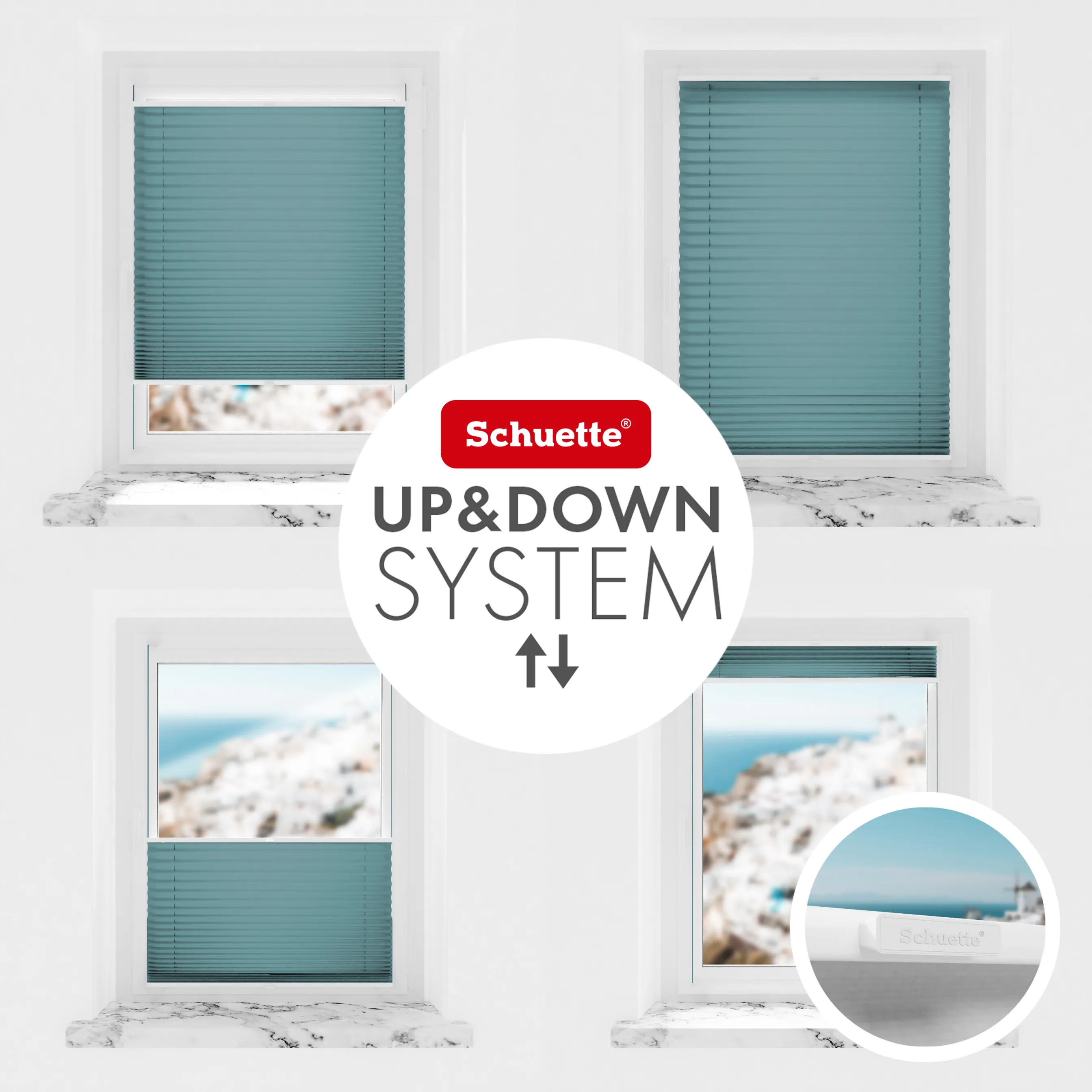 Schuette® Plissee ohne Bohren nach Maß • Suprafix Klemmhalter “Incognito X" • Thermo Kollektion: Teal Aura (Türkis) • Profilfarbe: Weiß