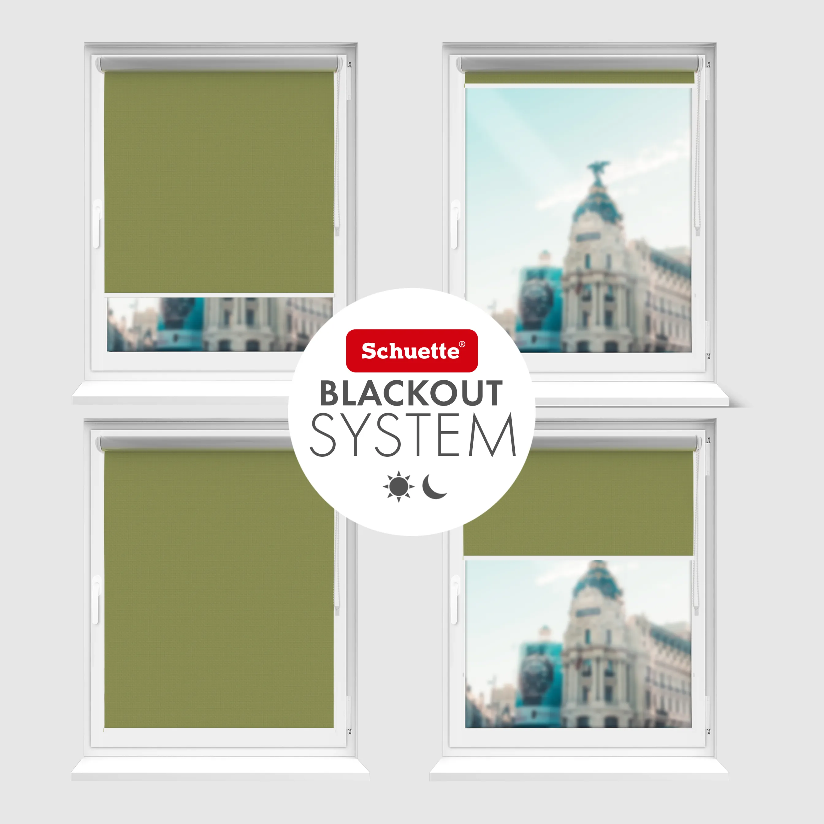 Schuette® Verdunkelungsrollo ohne Bohren & mit Bohren 2in1 nach Maß ● Kollektion Thermo Blackout: European Olive (Grün) ● Profilfarbe: Weiß