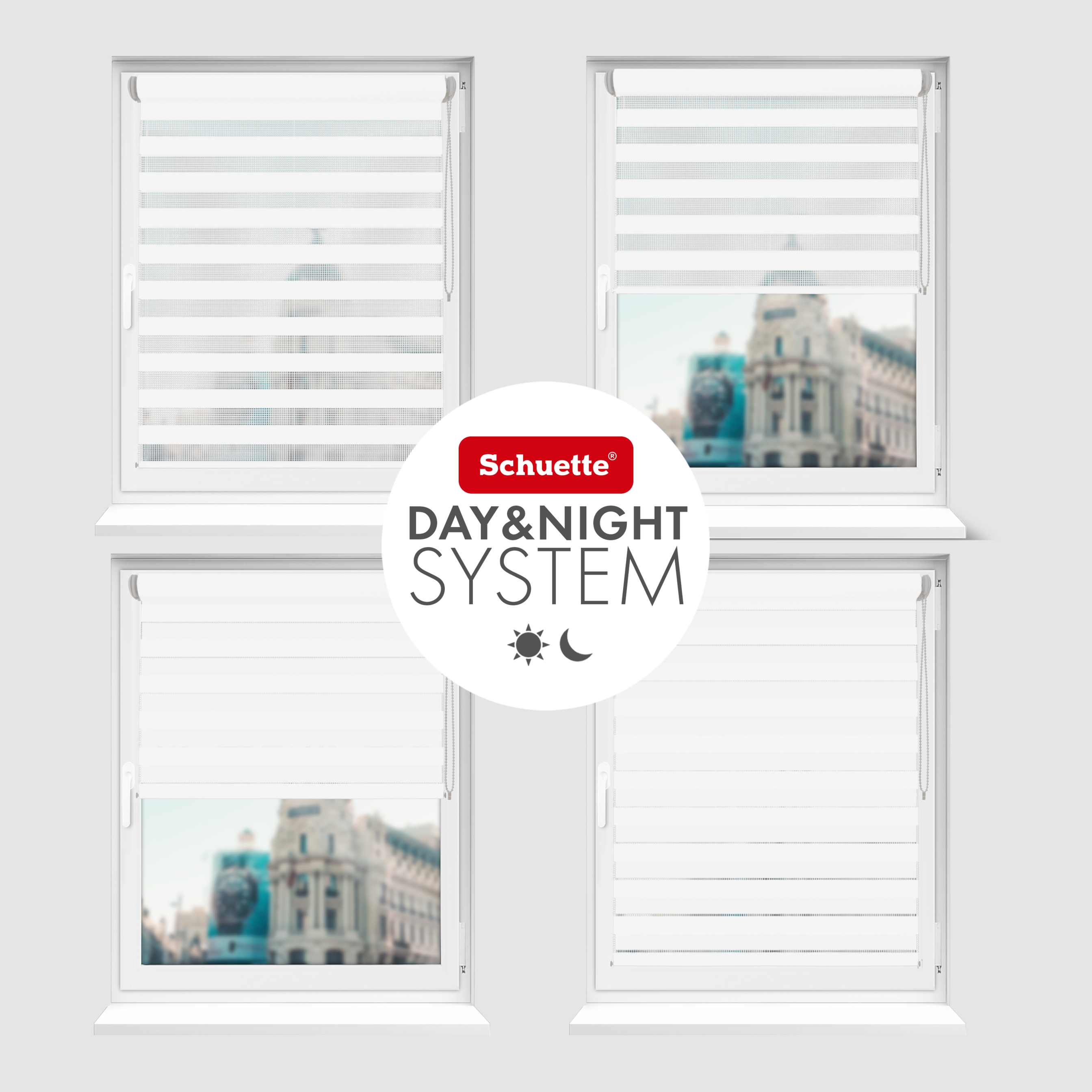 Schuette® Tag und Nacht Rollo ohne Bohren & mit Bohren 2in1 nach Maß • Doppelrollo Kollektion: White Snow (Weiß) • Profilfarbe: Grau