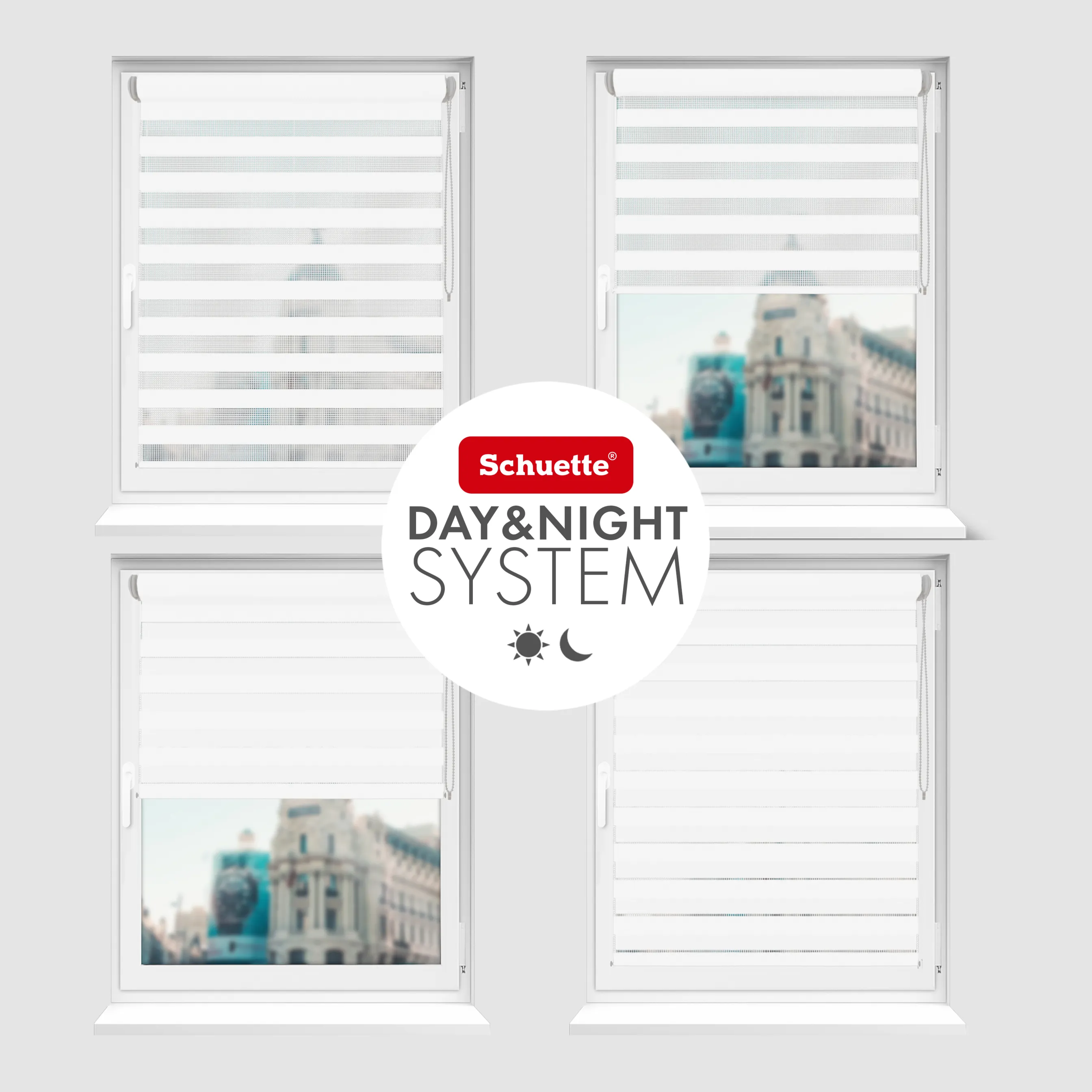Schuette® Tag und Nacht Rollo ohne Bohren & mit Bohren 2in1 nach Maß • Doppelrollo Kollektion: White Snow (Weiß) • Profilfarbe: Schwarz