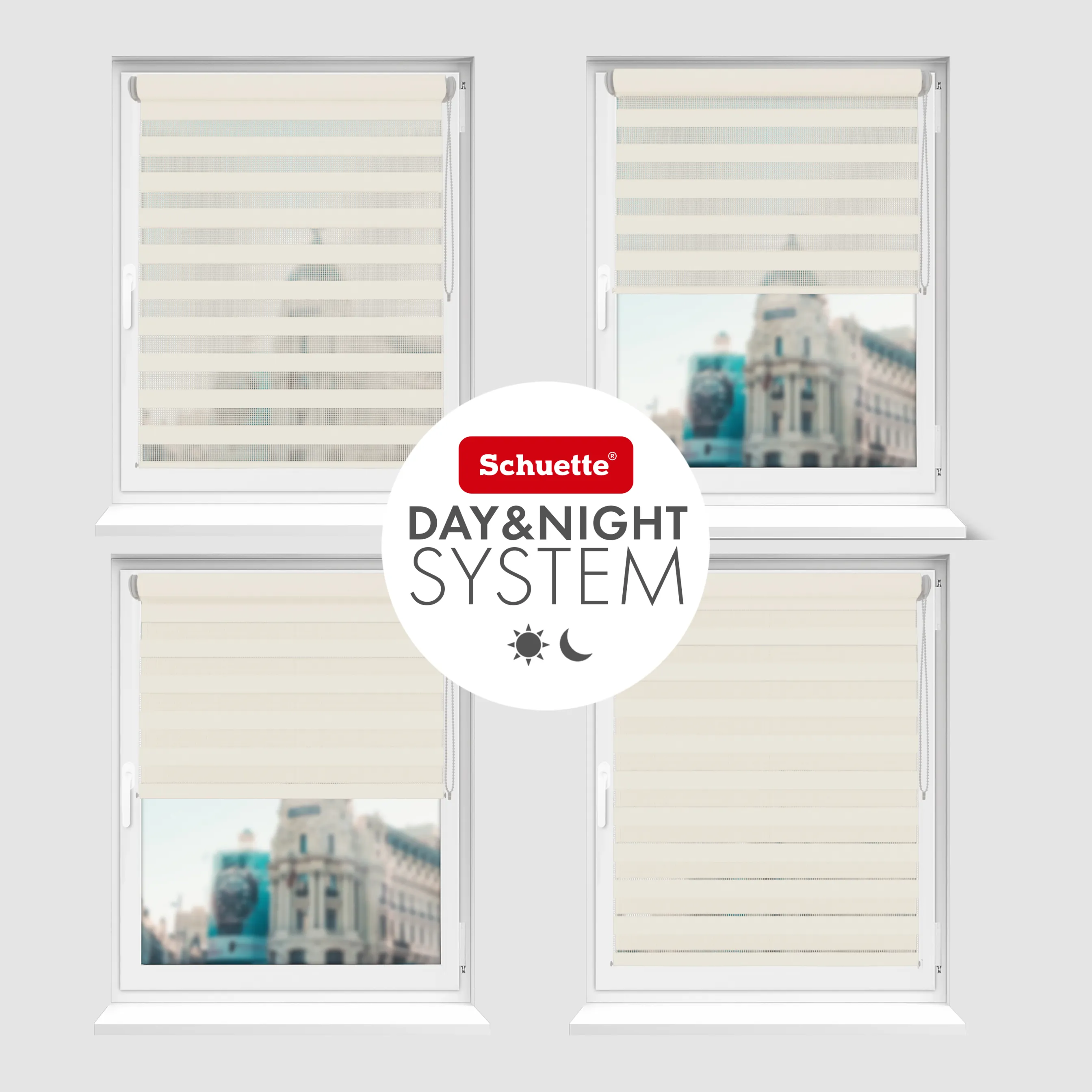 Schuette® Tag und Nacht Rollo ohne Bohren & mit Bohren 2in1 nach Maß • Doppelrollo Kollektion: Cream Cake (Beige) • Profilfarbe: Grau