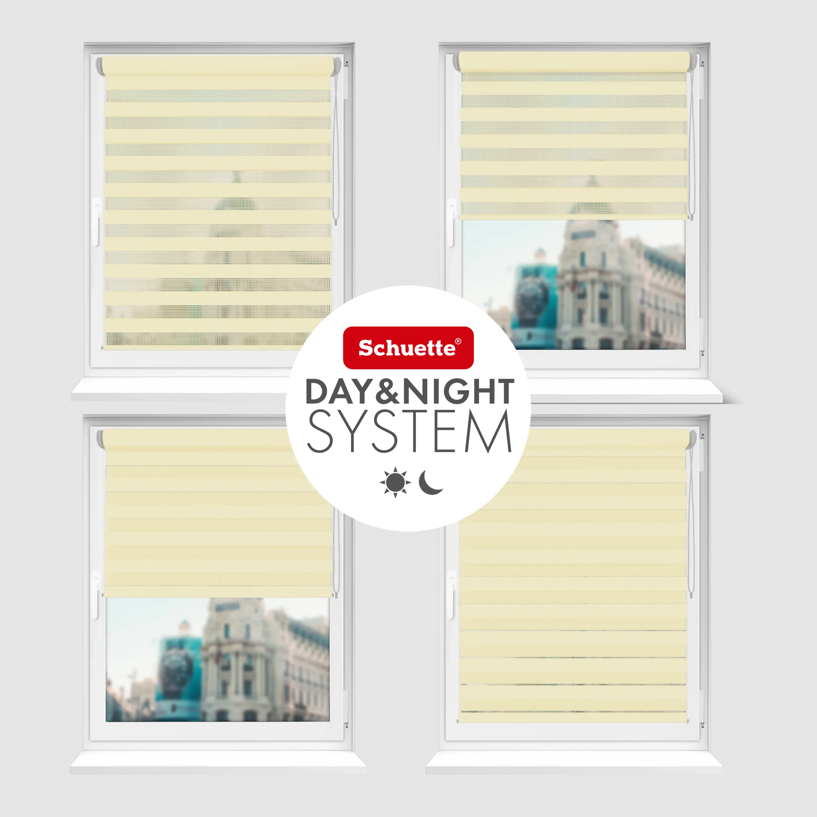 Schuette® Tag und Nacht Rollo ohne Bohren & mit Bohren 2in1 nach Maß • Doppelrollo Kollektion: Light Apricot (Beige) • Profilfarbe: Braun