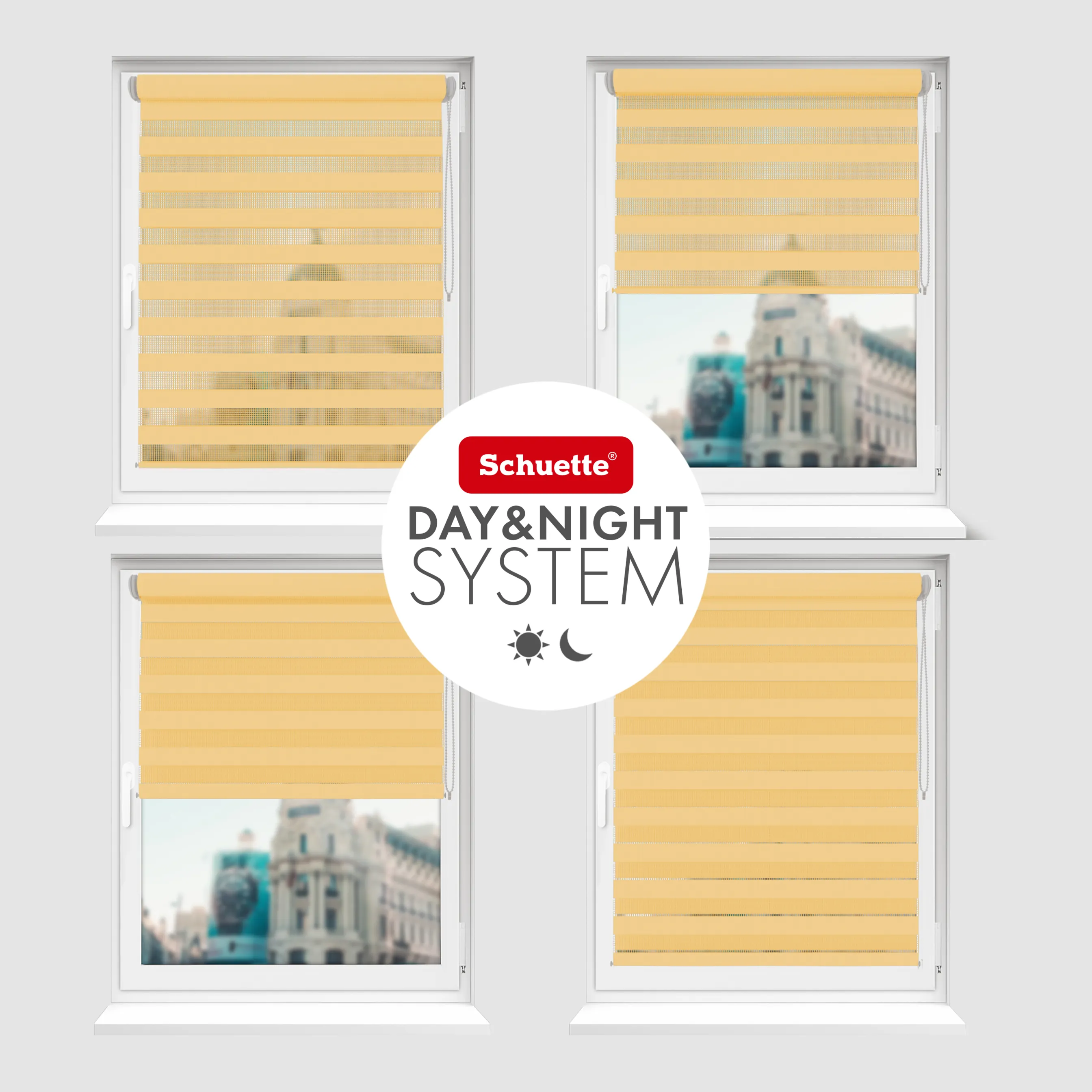 Schuette® Tag und Nacht Rollo ohne Bohren & mit Bohren 2in1 nach Maß • Doppelrollo Kollektion: Sand Castle (Beige) • Profilfarbe: Weiß