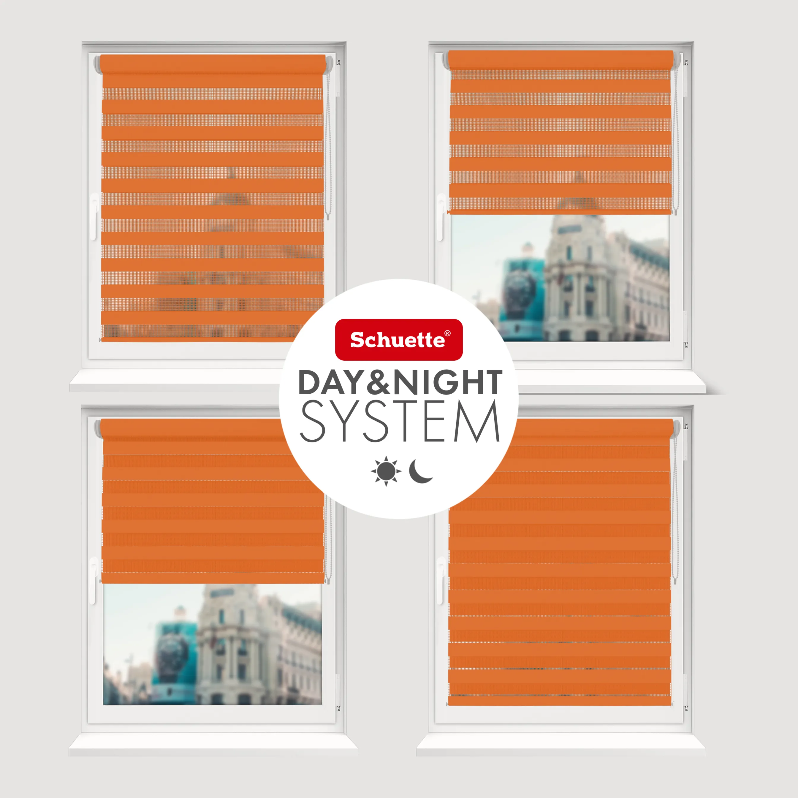 Schuette® Tag und Nacht Rollo ohne Bohren & mit Bohren 2in1 nach Maß • Doppelrollo Kollektion: Sweet Orange (Orange) • Profilfarbe: Schwarz