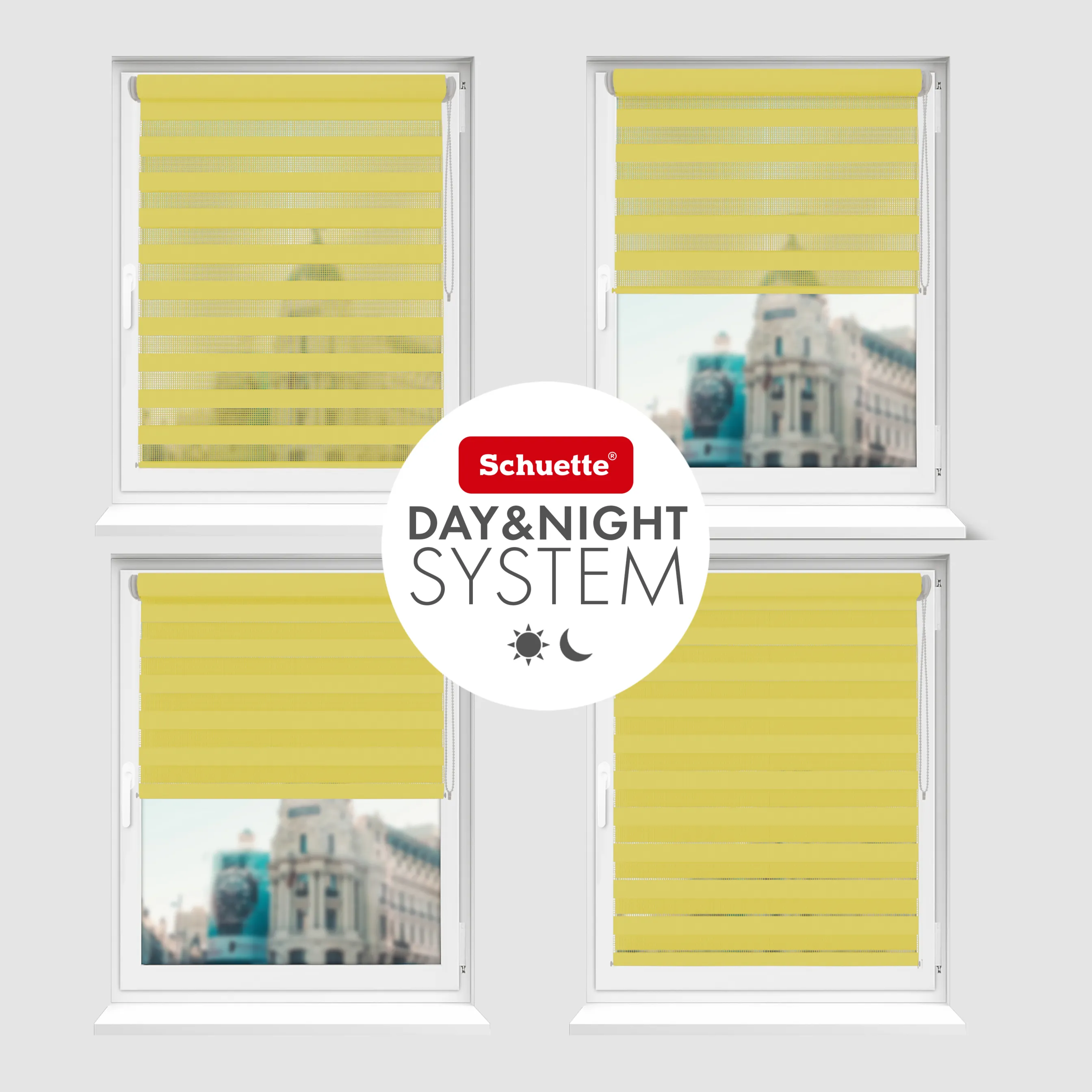 Schuette® Tag und Nacht Rollo ohne Bohren & mit Bohren 2in1 nach Maß • Doppelrollo Kollektion: Sour Lime (Gelb) • Profilfarbe: Weiß
