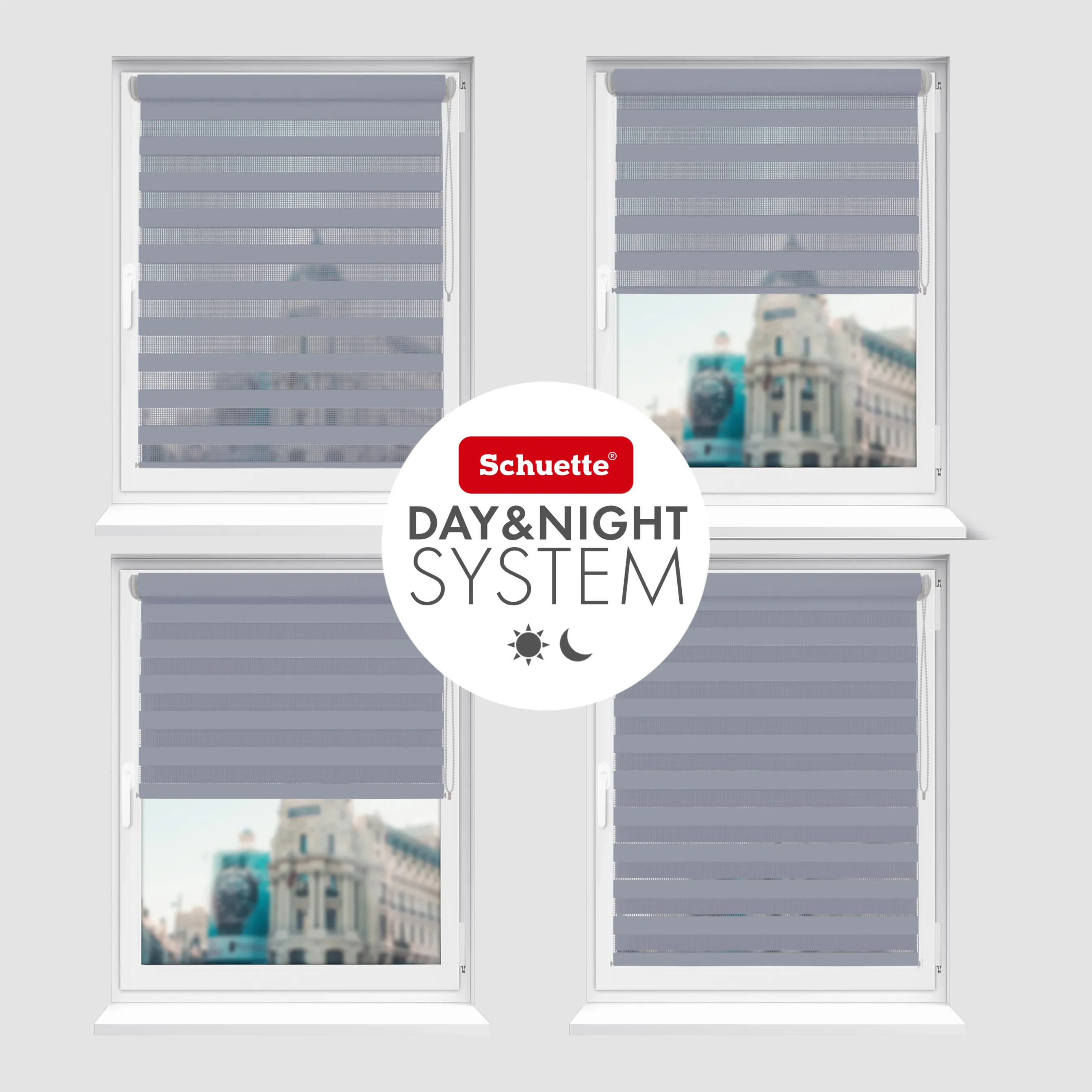 Schuette® Tag und Nacht Rollo ohne Bohren & mit Bohren 2in1 nach Maß • Doppelrollo Kollektion: Blooming Iris (Violett) • Profilfarbe: Schwarz