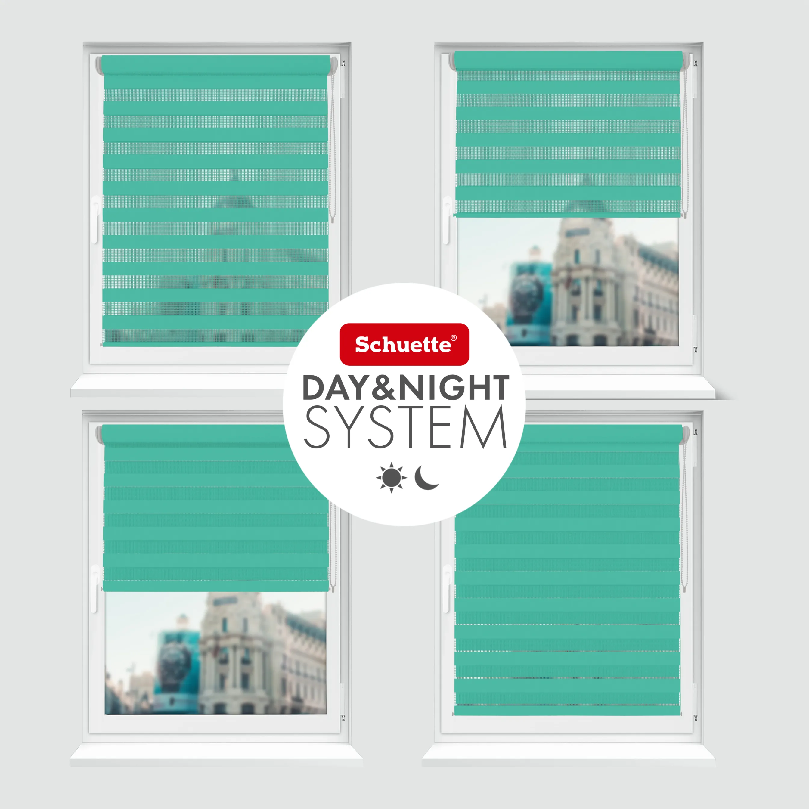 Schuette® Tag und Nacht Rollo ohne Bohren & mit Bohren 2in1 nach Maß • Doppelrollo Kollektion: Sea Eye (Türkis) • Profilfarbe: Schwarz