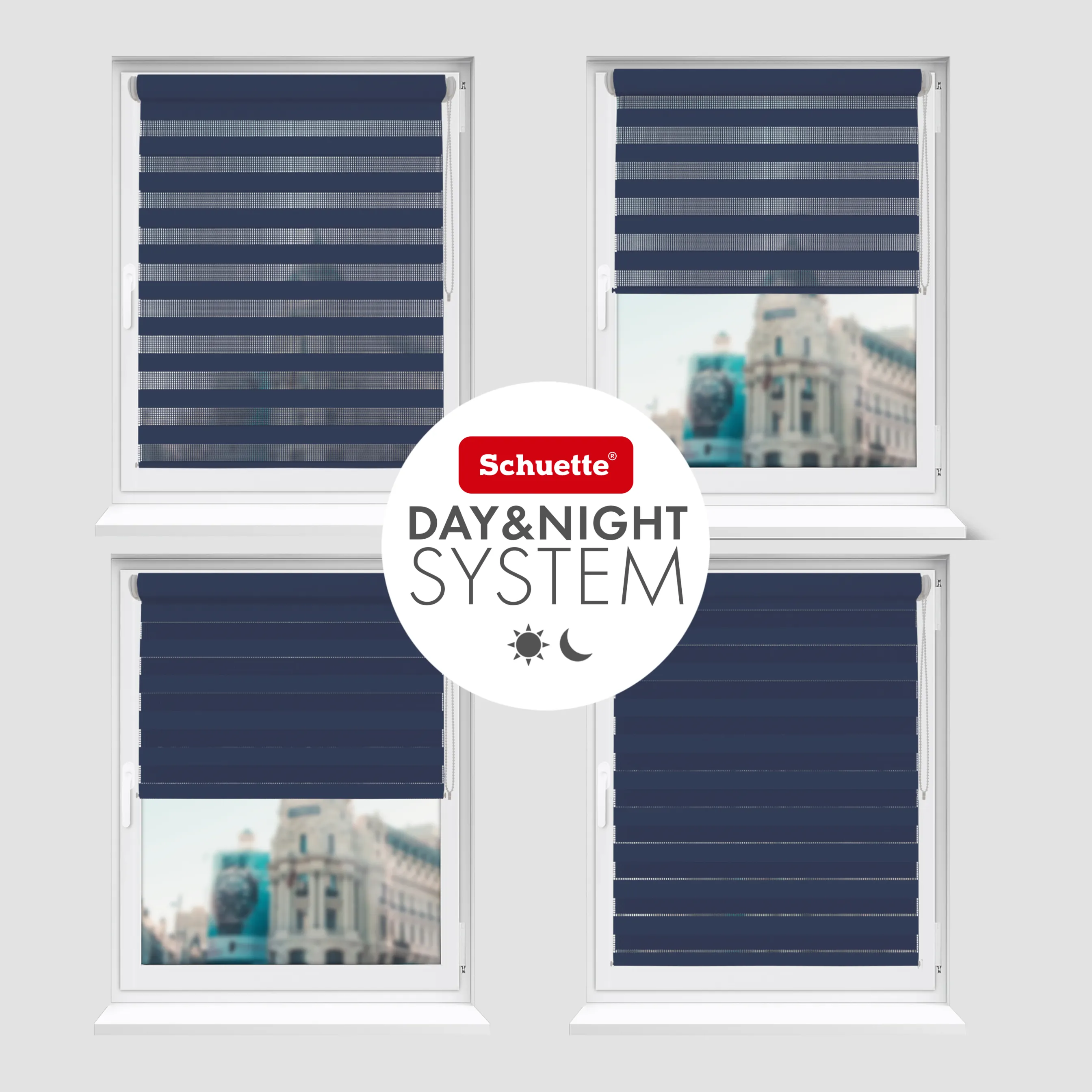 Schuette® Tag und Nacht Rollo ohne Bohren & mit Bohren 2in1 nach Maß • Doppelrollo Kollektion: Azure Coast (Dunkelblau) • Profilfarbe: Schwarz