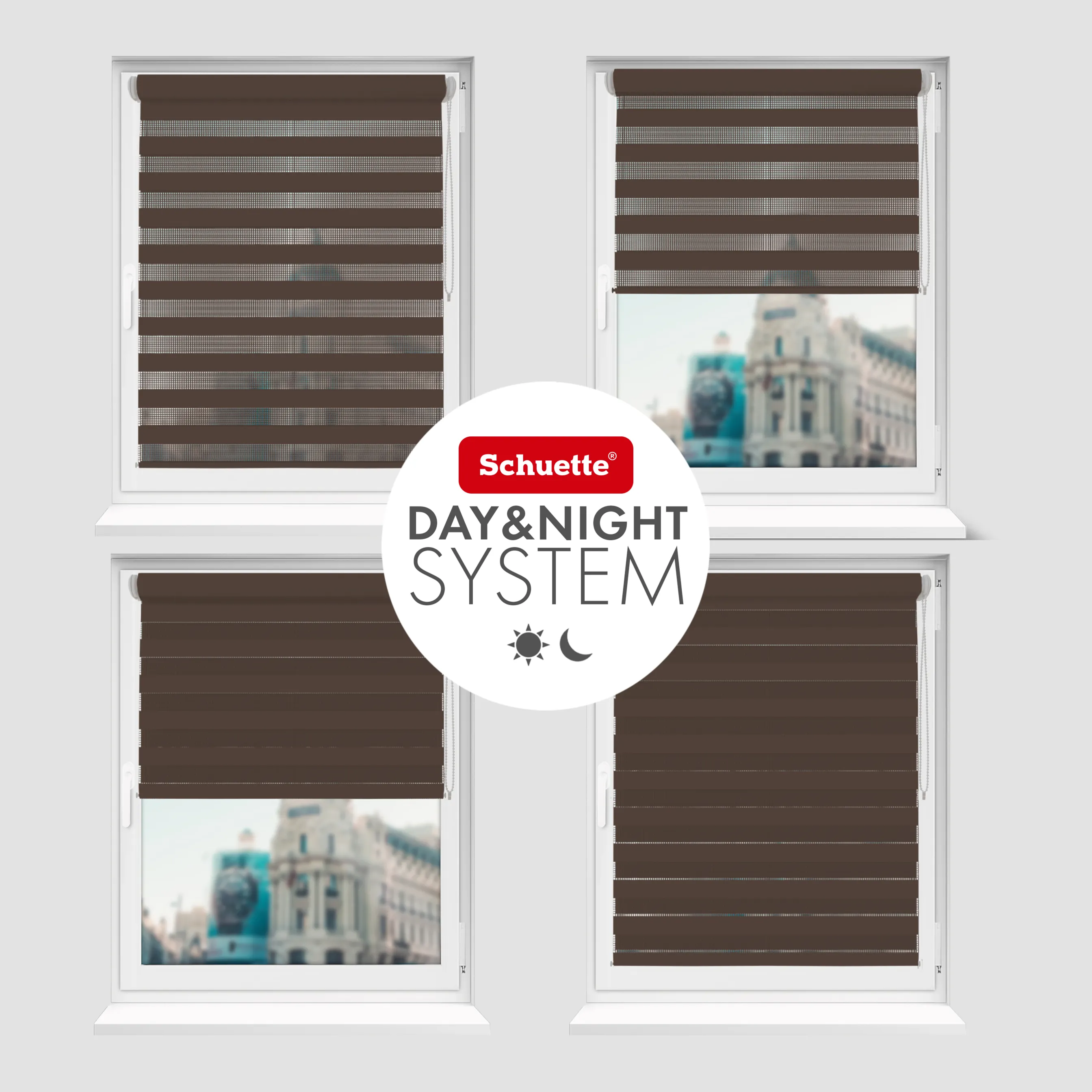 Schuette® Tag und Nacht Rollo ohne Bohren & mit Bohren 2in1 nach Maß • Doppelrollo Kollektion: Dark Cocoa (Braun) • Profilfarbe: Grau