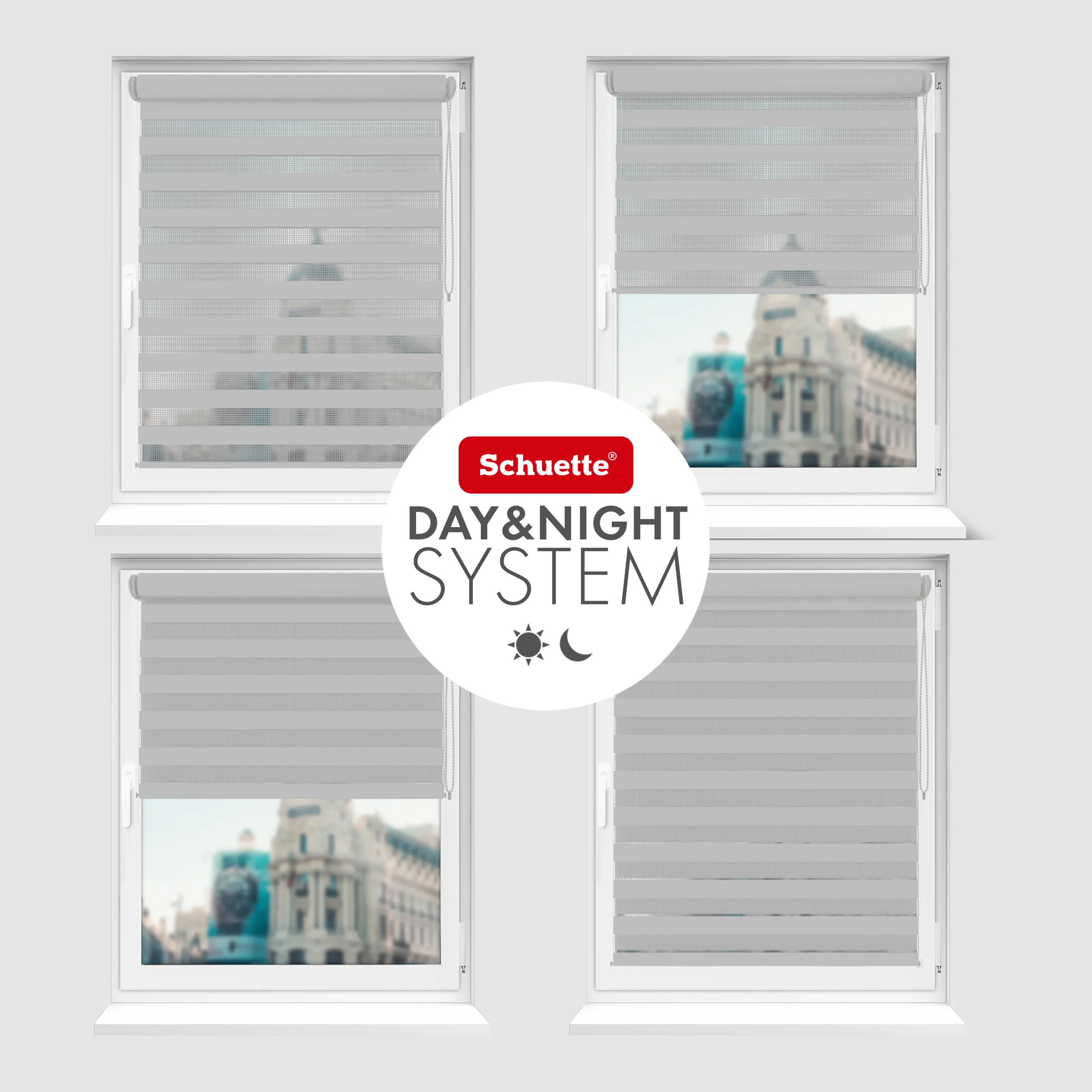 Schuette® Tag und Nacht Rollo ohne Bohren & mit Bohren 2in1 nach Maß • Doppelrollo Kollektion: Cloudy Day (Grau) • Profilfarbe: Weiß