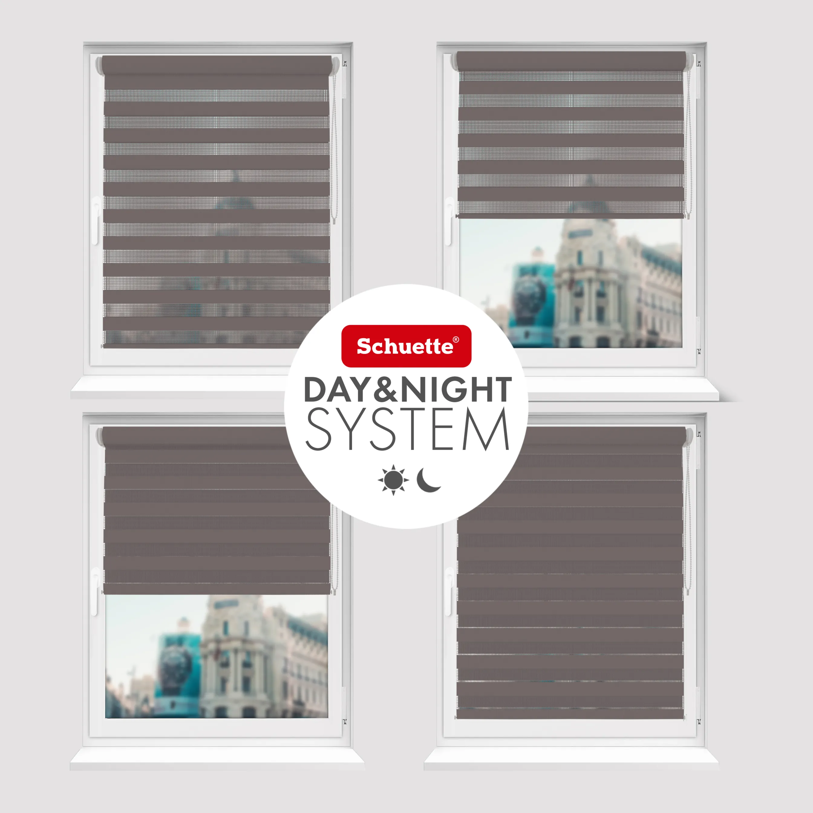 Schuette® Tag und Nacht Rollo ohne Bohren & mit Bohren 2in1 nach Maß • Doppelrollo Kollektion: Grey Lead (Grau) • Profilfarbe: Braun
