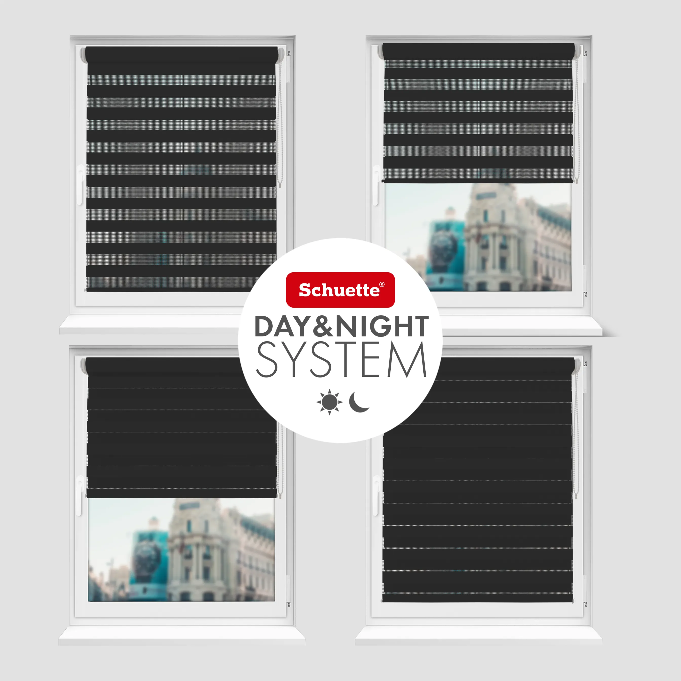 Schuette® Tag und Nacht Rollo ohne Bohren & mit Bohren 2in1 nach Maß • Doppelrollo Kollektion: Black Flag (Schwarz) • Profilfarbe: Weiß