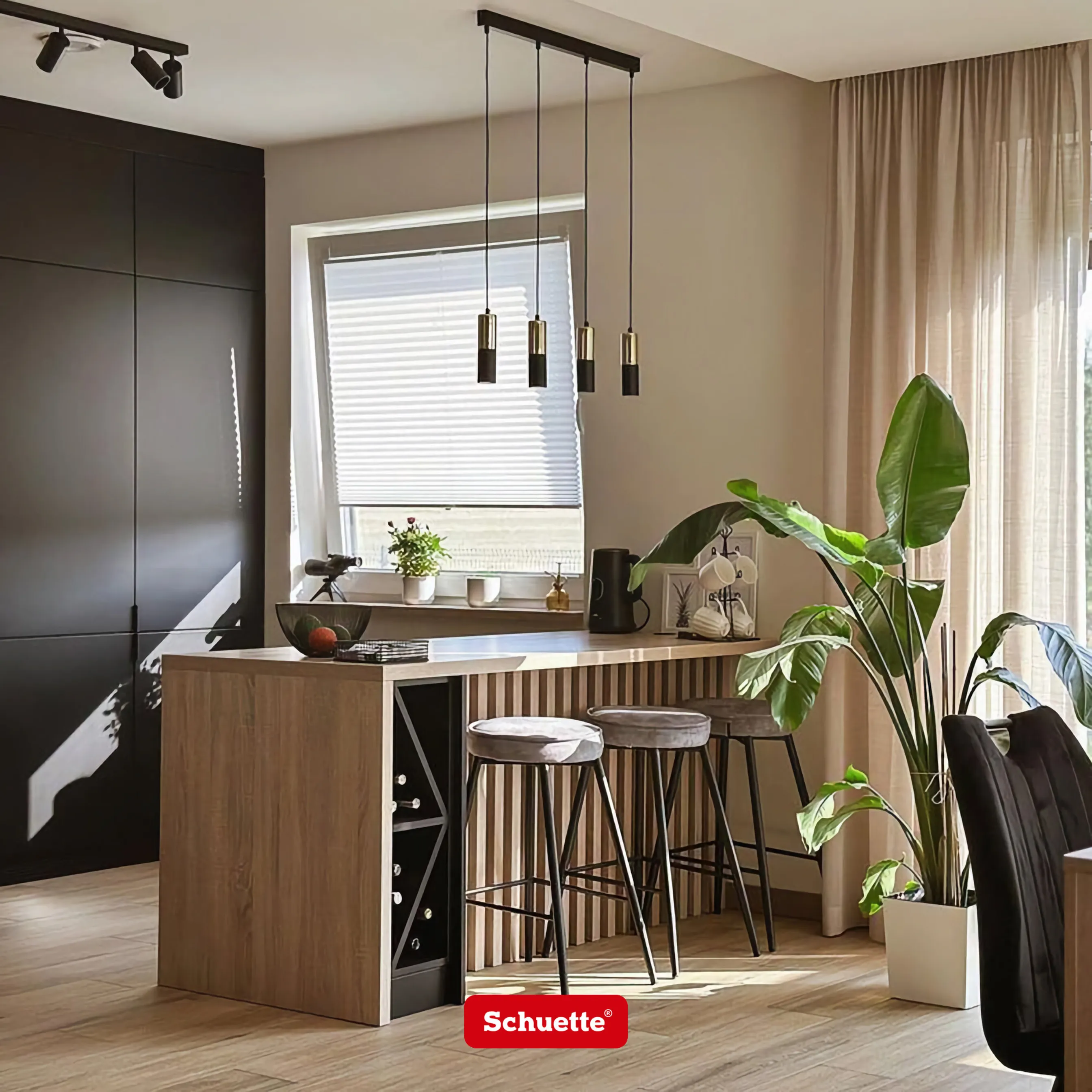 Schuette® Plissee ohne Bohren nach Maß • Suprafix Halterung “Zum Kleben” • Premium Kollektion: A Way Home (Silber) • Profilfarbe: Walnuss