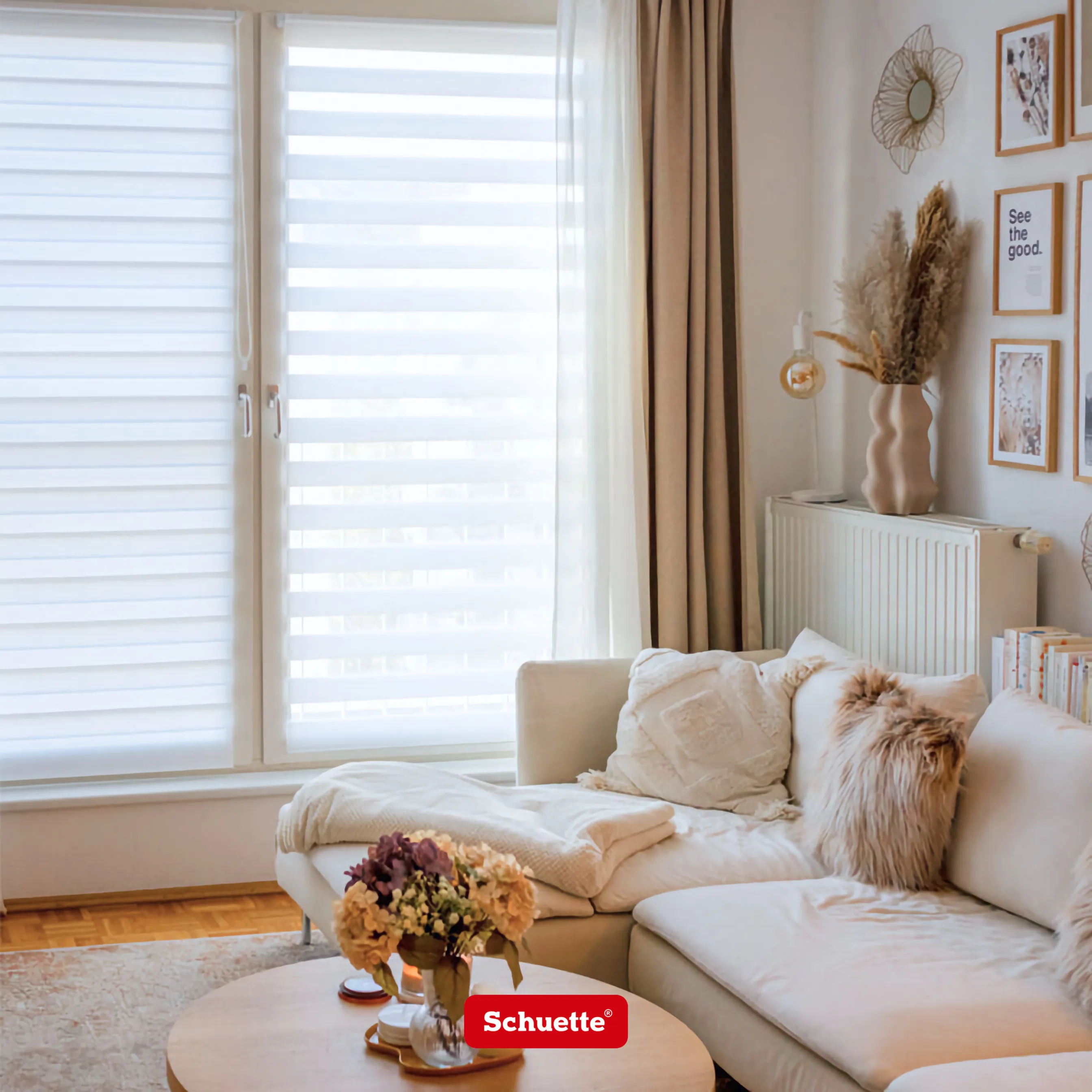 Schuette® Tag und Nacht Rollo ohne Bohren & mit Bohren 2in1 nach Maß • Doppelrollo Kollektion: Dark Cocoa (Braun) • Profilfarbe: Weiß