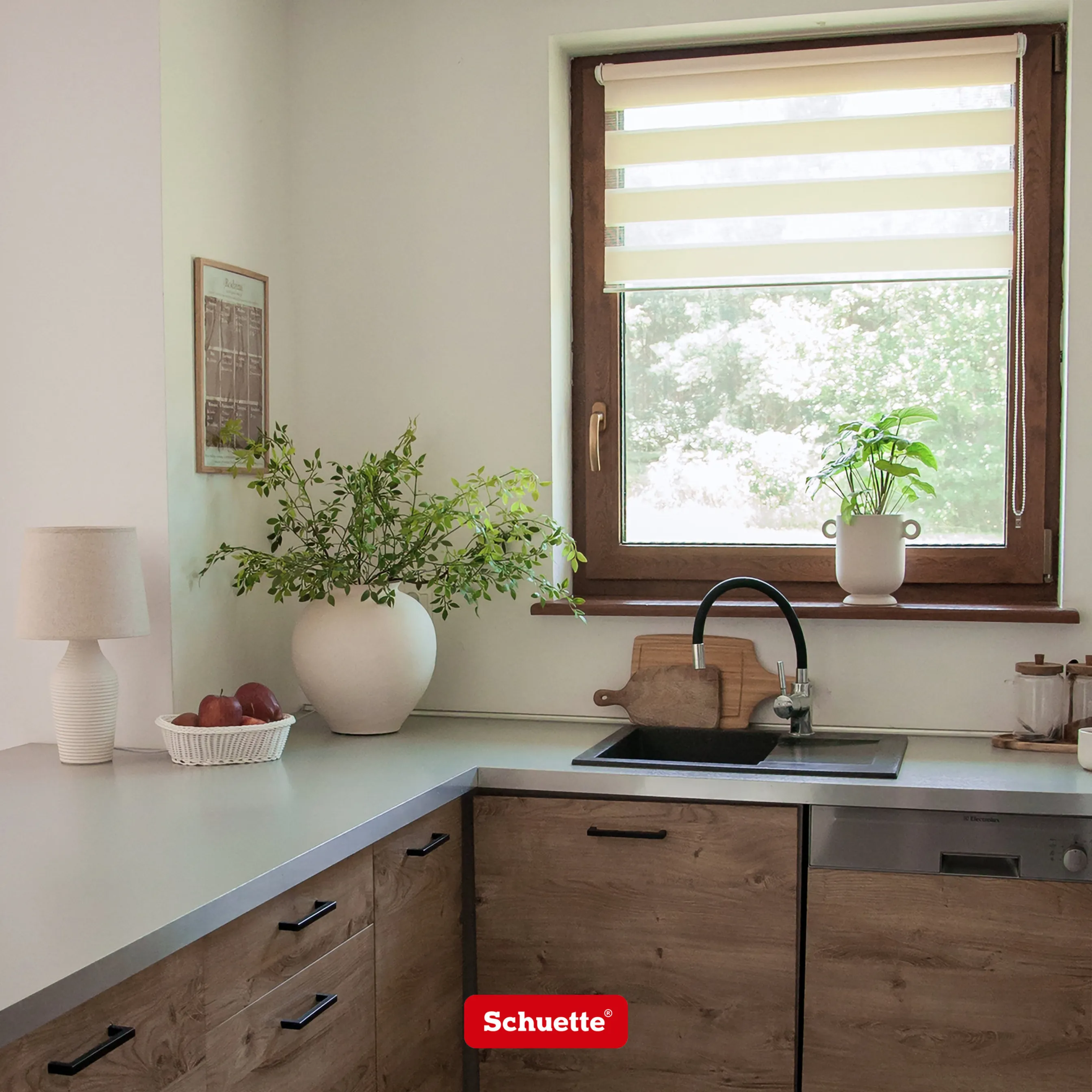 Schuette® Tag und Nacht Rollo ohne Bohren & mit Bohren 2in1 nach Maß • Doppelrollo Kollektion: Dark Cocoa (Braun) • Profilfarbe: Weiß